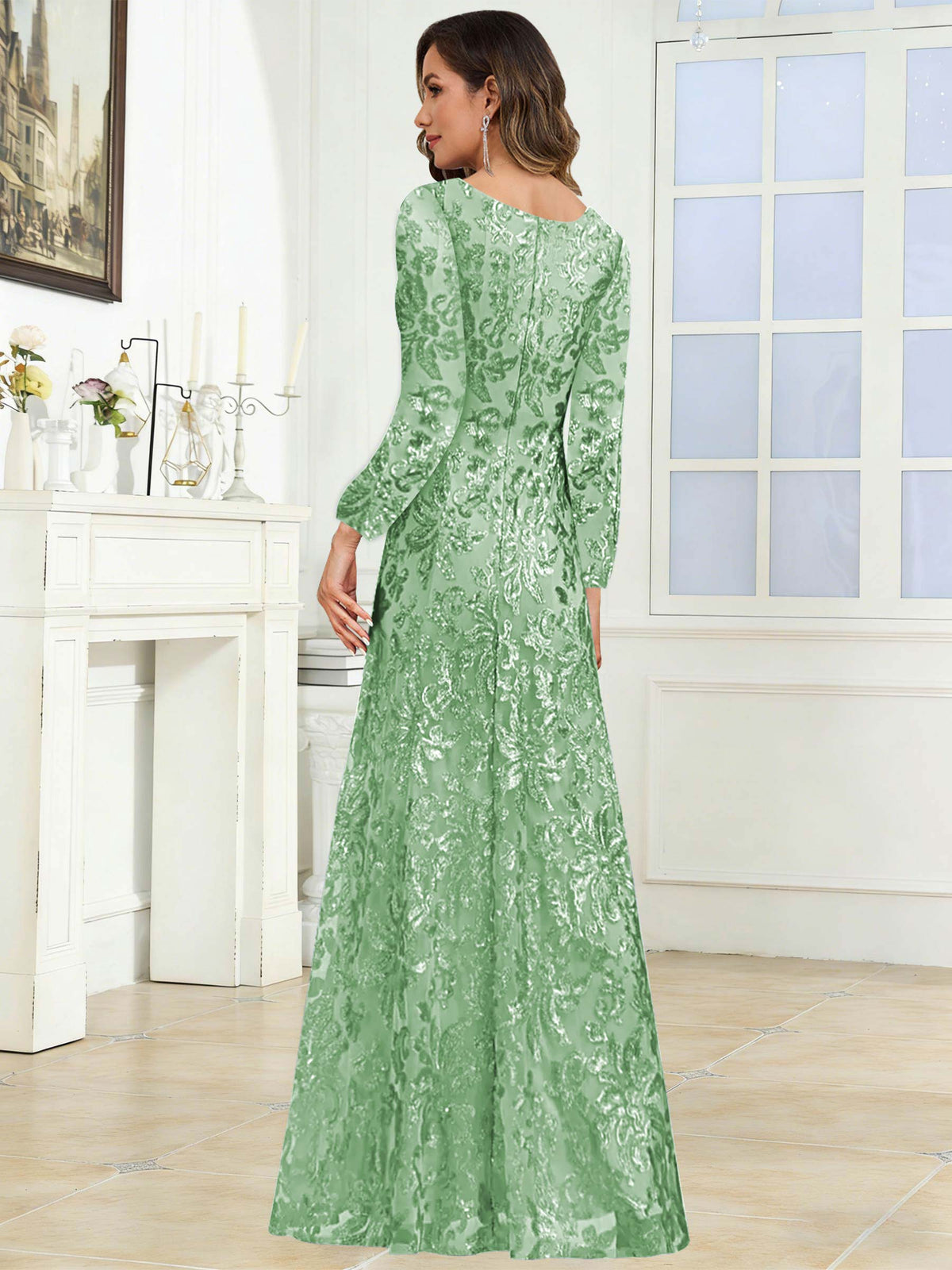 Crew Neck Sequin Lace Long Sleeve Mother of the Bride Dress