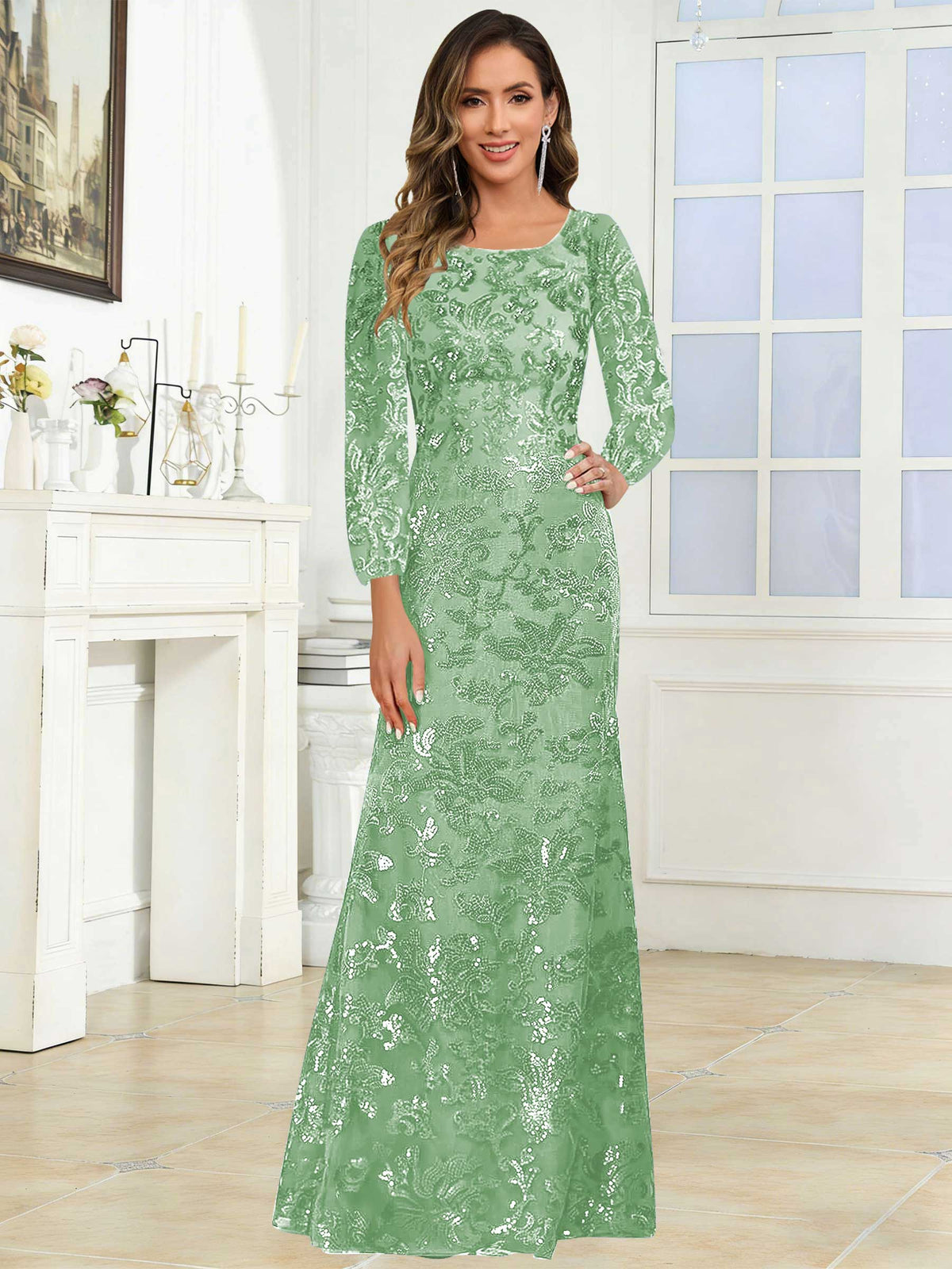 Crew Neck Sequin Lace Long Sleeve Mother of the Bride Dress