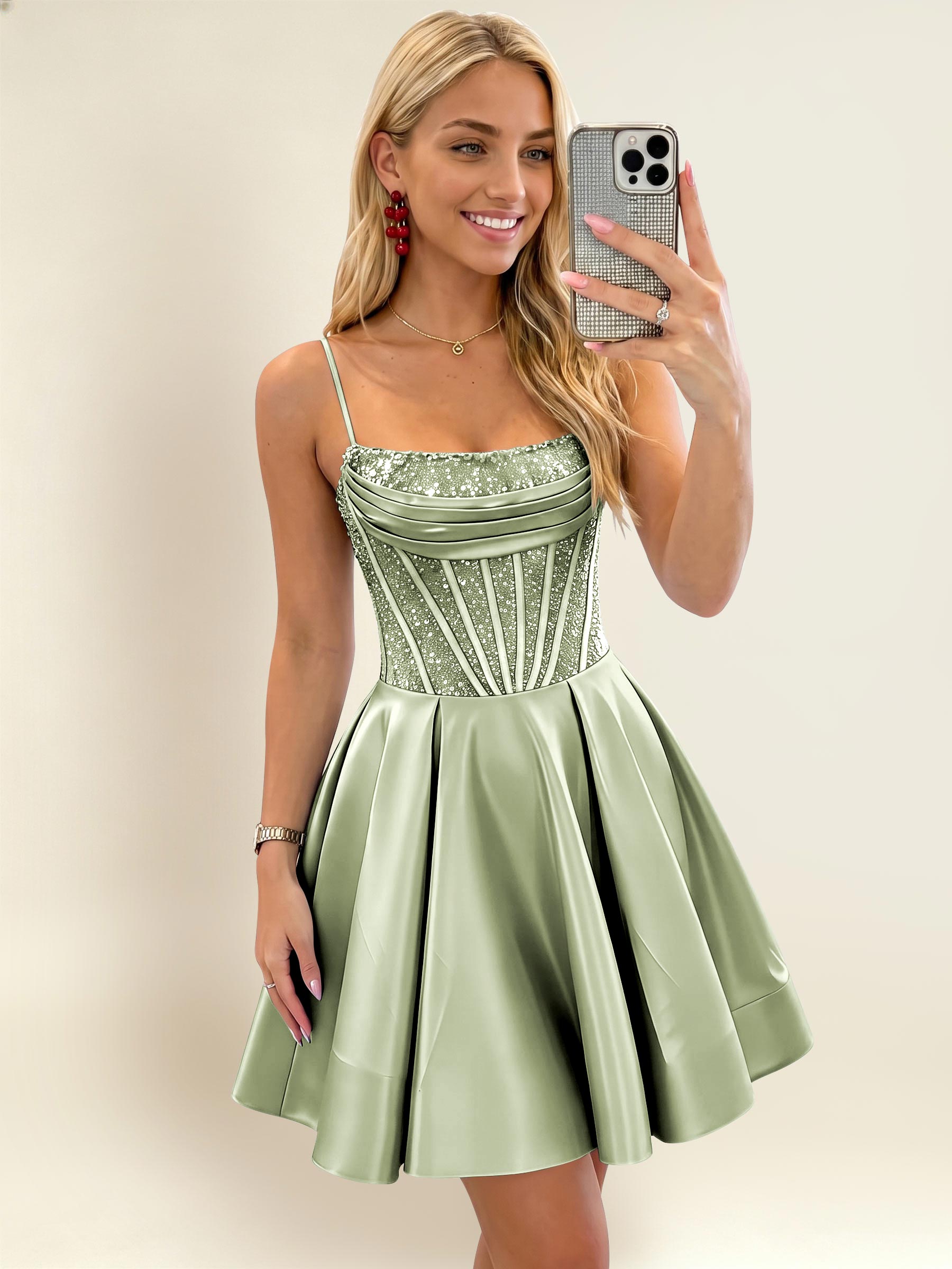 ROVDESY A-Line Spaghetti Strap Sequin Corset Satin Homecoming Mini Dress