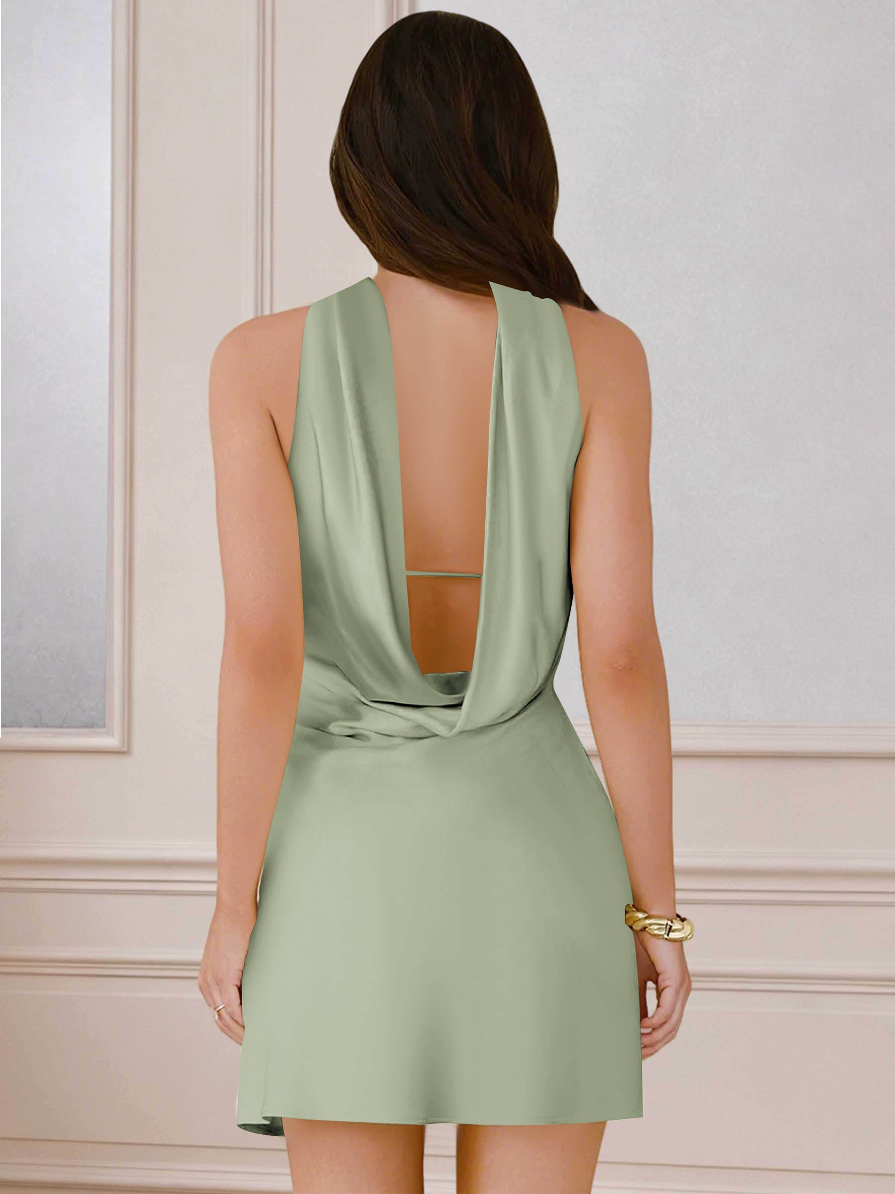 ROVDESY A-Line Halter Neck Satin Homecoming Mini Dress