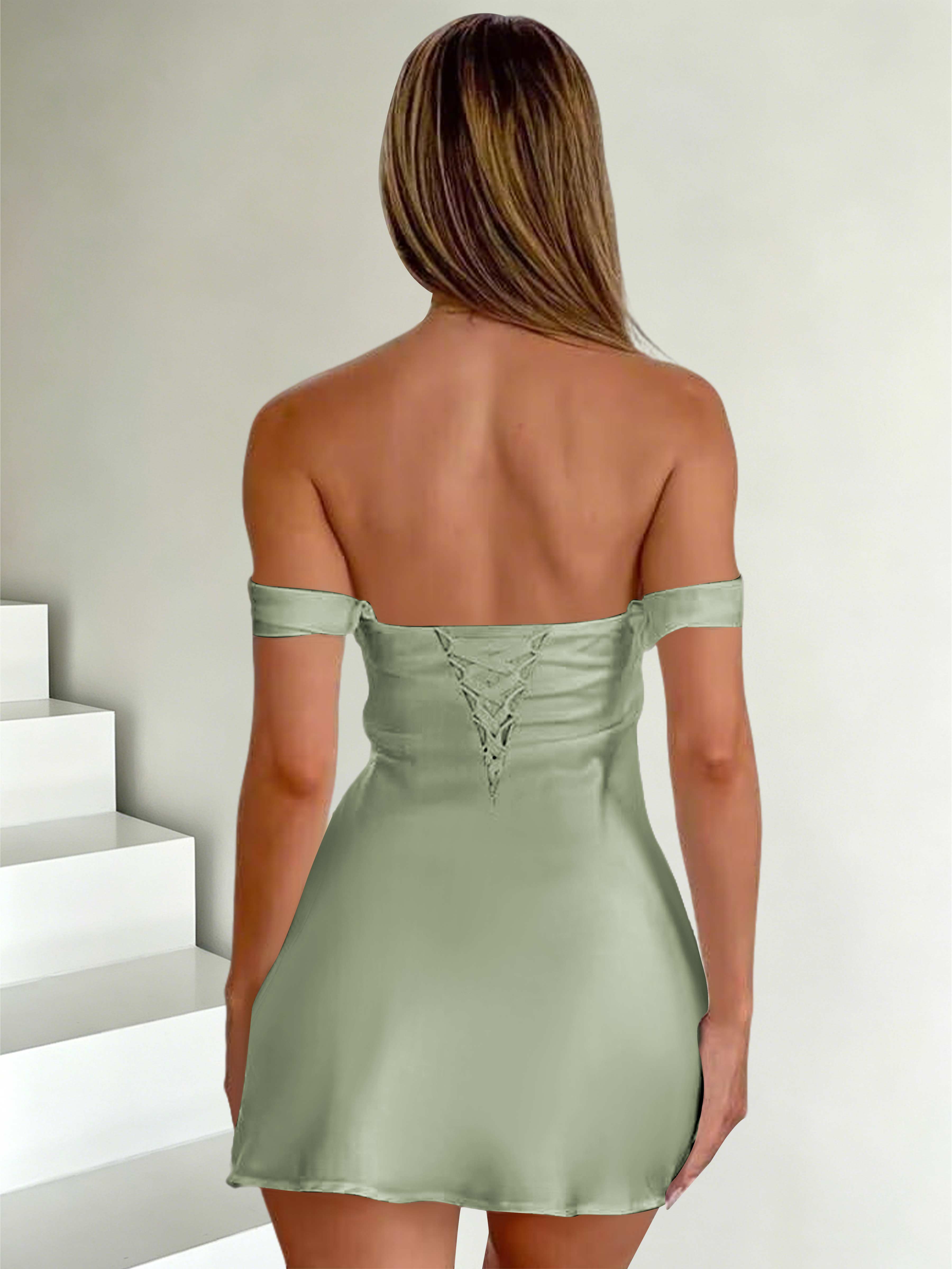 ROVDESY Off The Shoulder A-Line Pleated Satin Homecoming Mini Dress