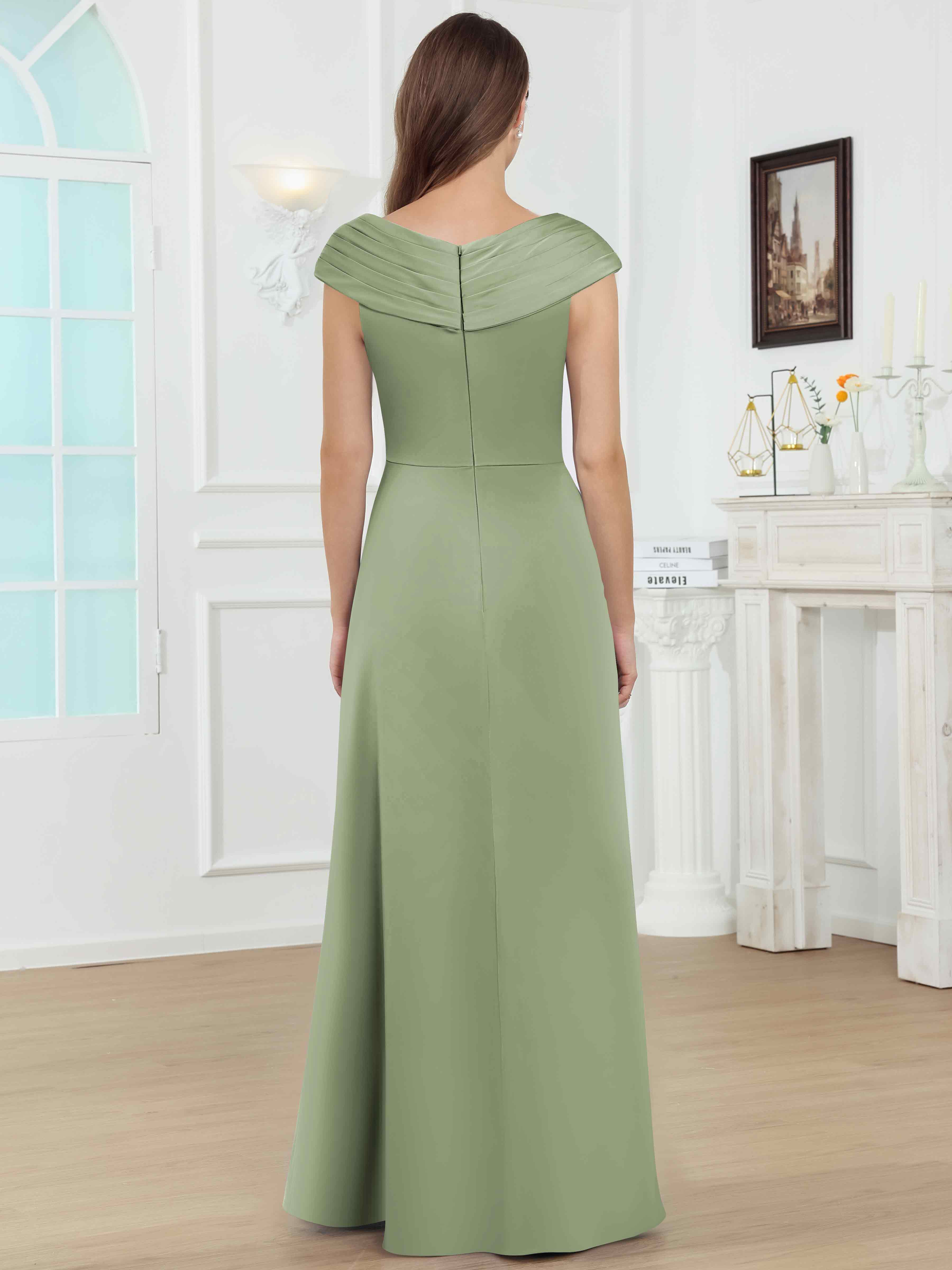 ROVDESY V-Neck Off The Shoulder Pleated Satin Mother Of The Bride Dress With Slit