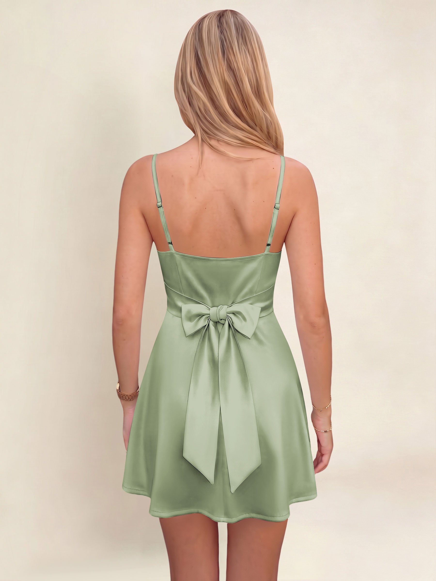ROVDESY A-Line Spaghetti Strap Cowl Neck Satin Mini Homecoming Dress With Bow