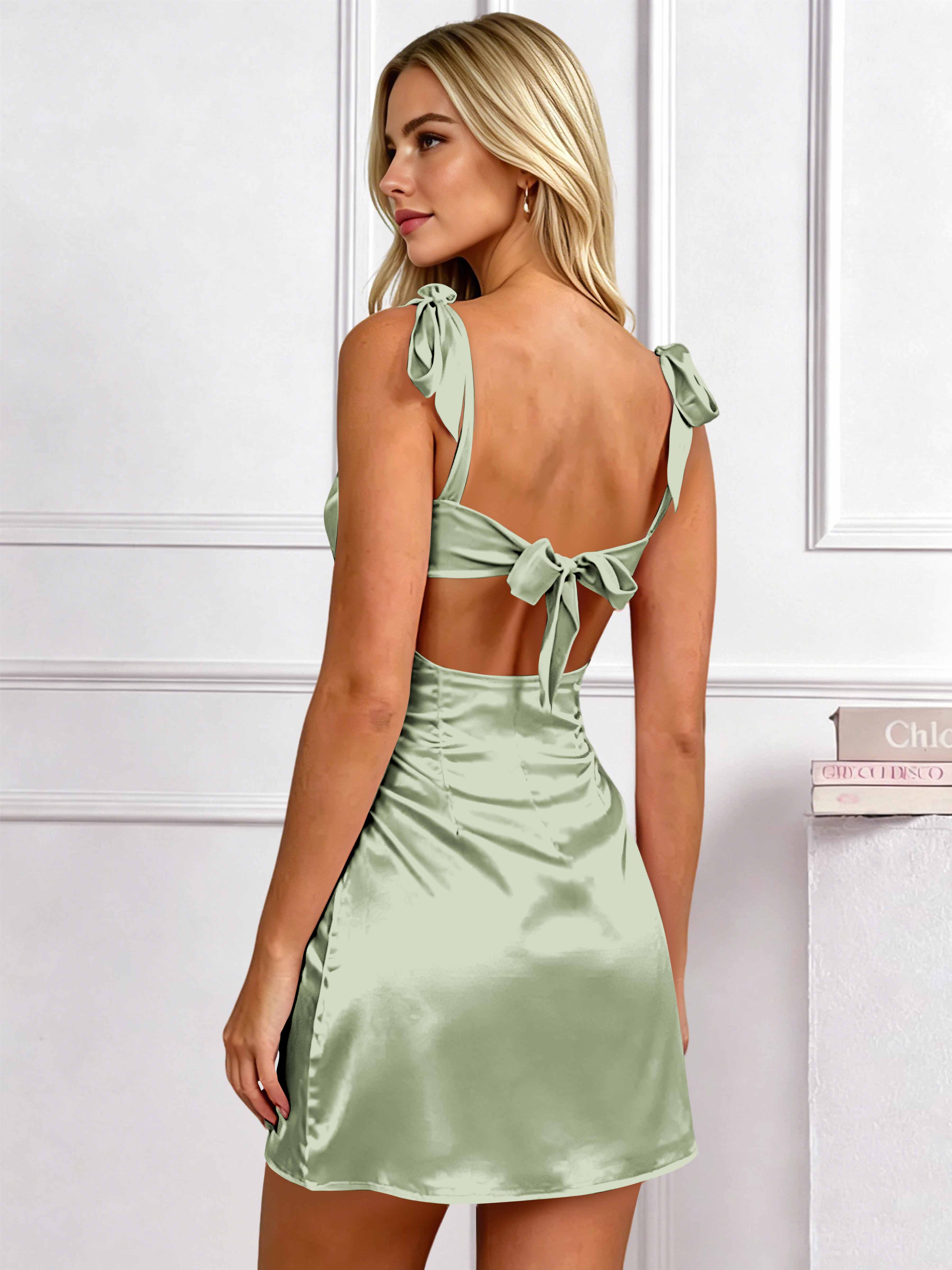 ROVDESY Bow Tie Spaghetti Strap Pleated Satin Homecoming Mini Dress