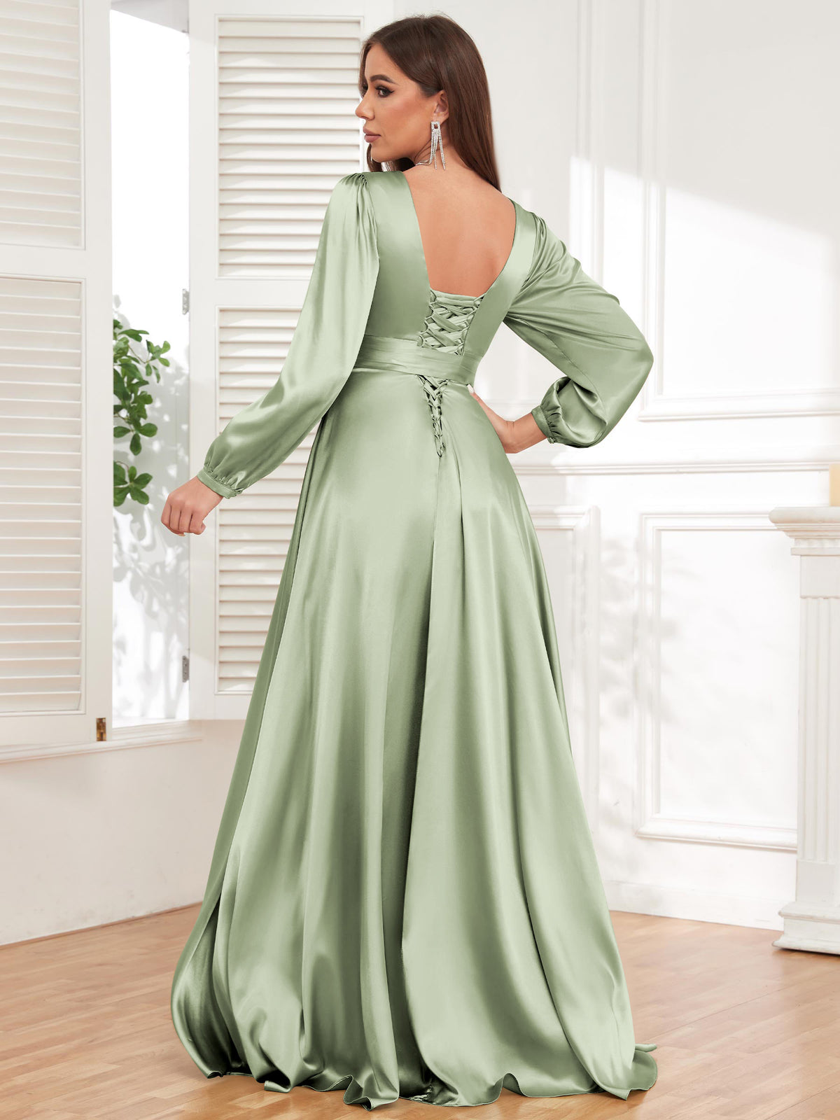 V Neck Satin Long Sleeve Bridesmaid Dress with Slit