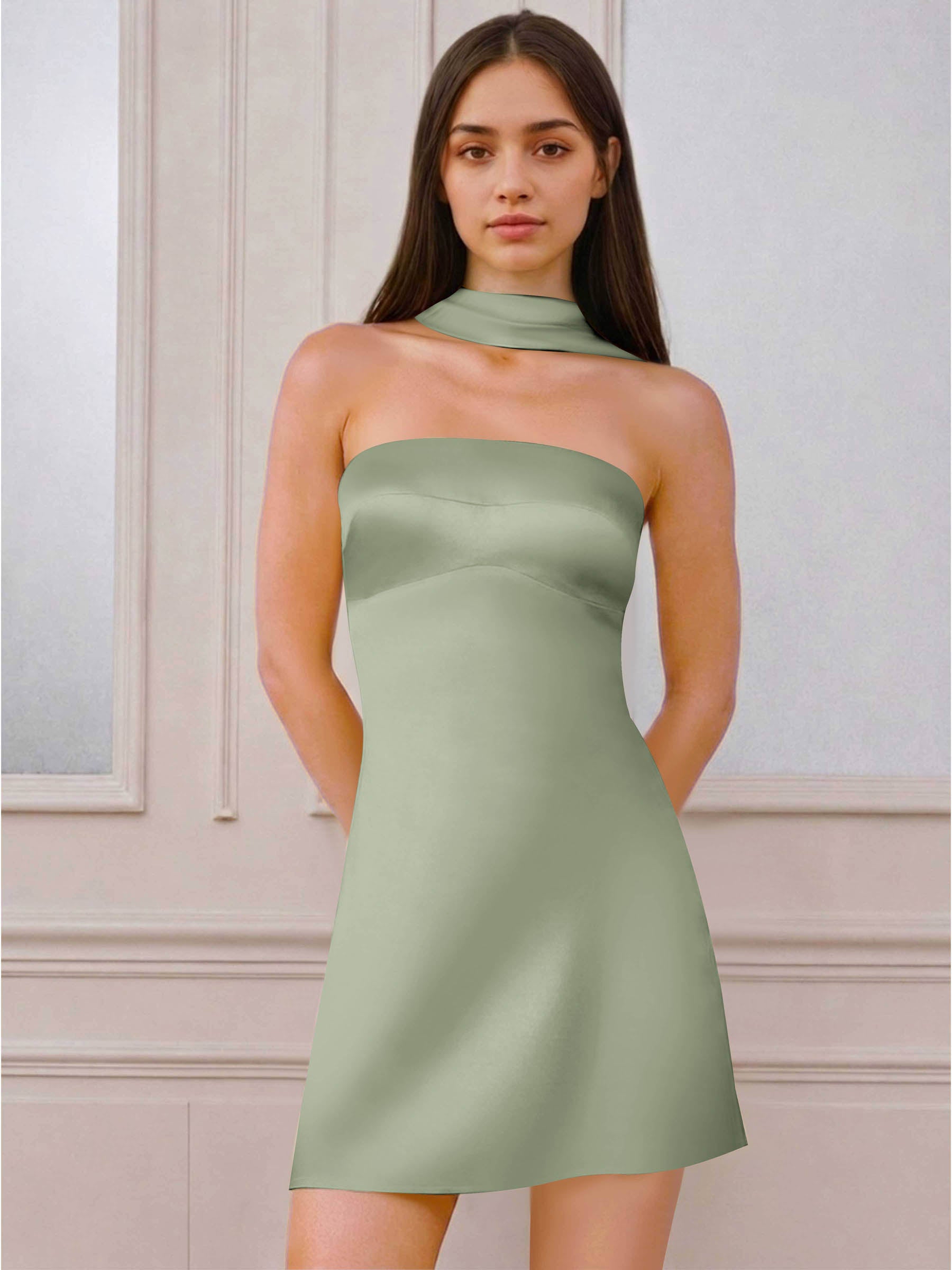 ROVDESY A-Line Halter Neck Satin Homecoming Mini Dress