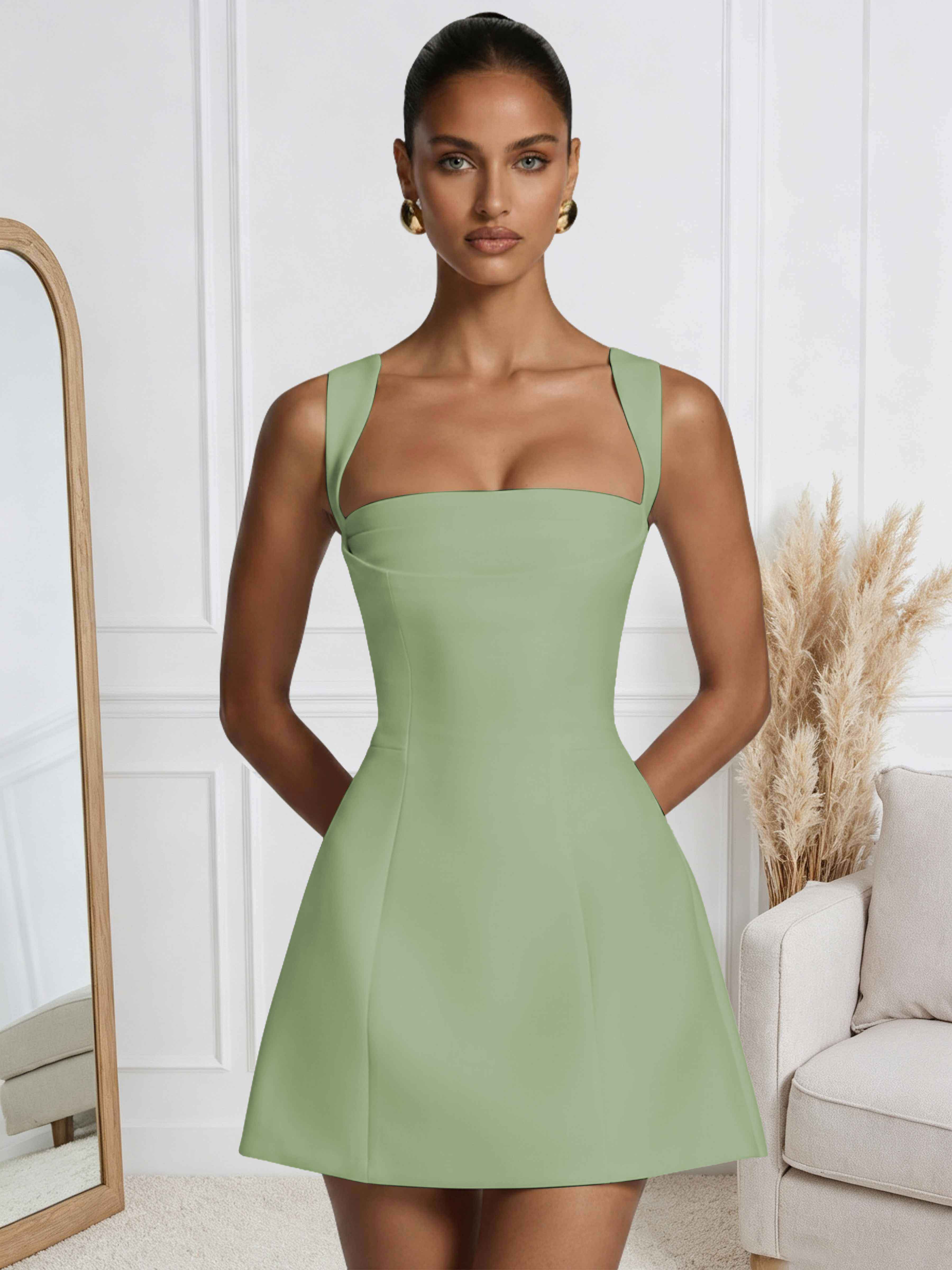 ROVDESY A-Line Square Neck Satin Homecoming Mini Dress