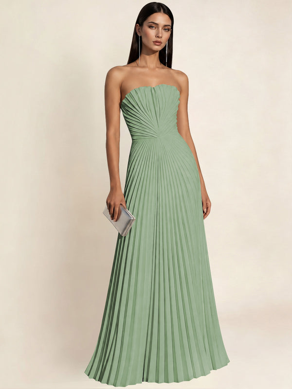 Strapless Satin Pleated A Line Bridesmaid Prom Dress