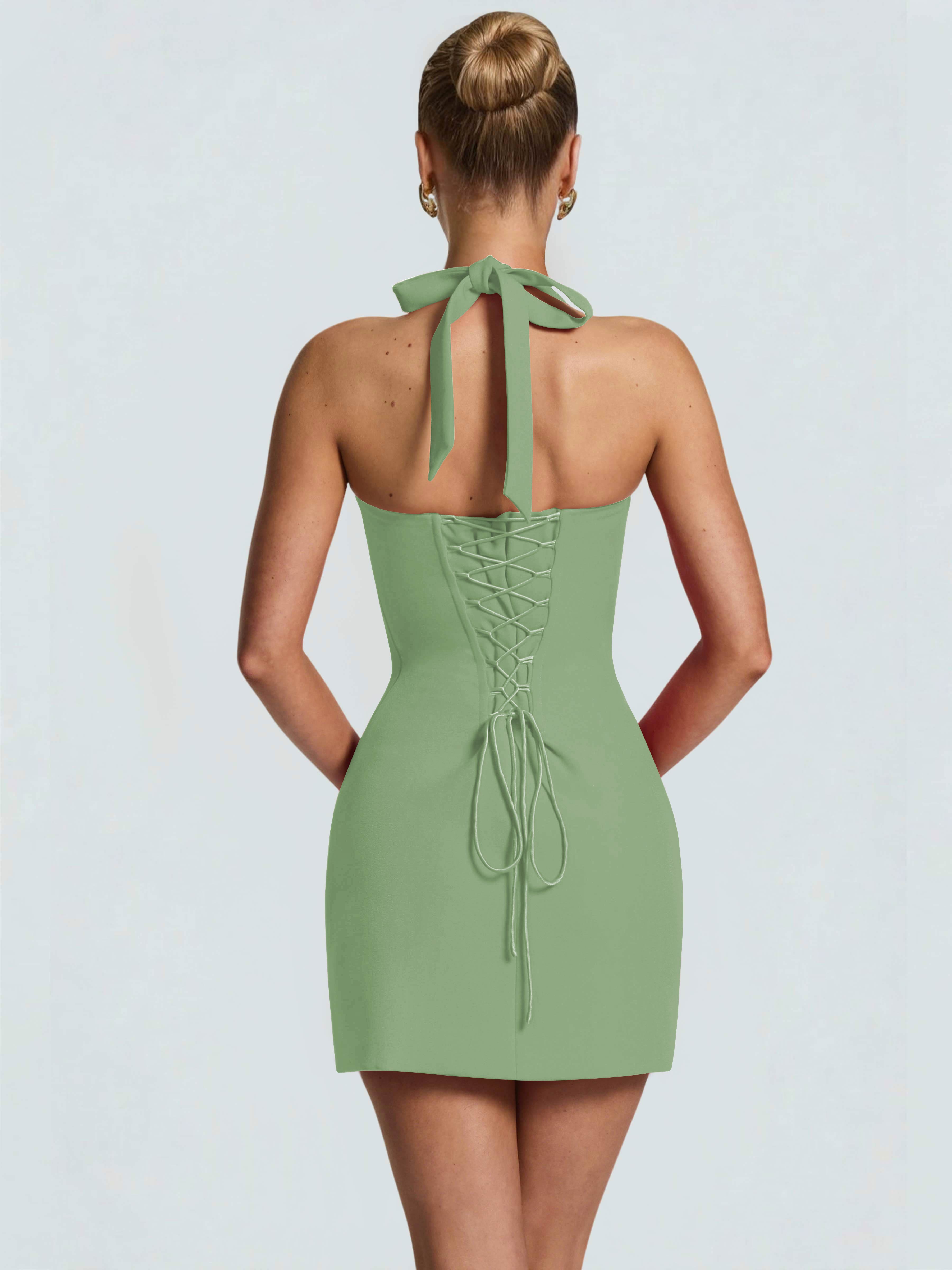 ROVDESY Halter Lace Satin Tight Homecoming Mini Dress