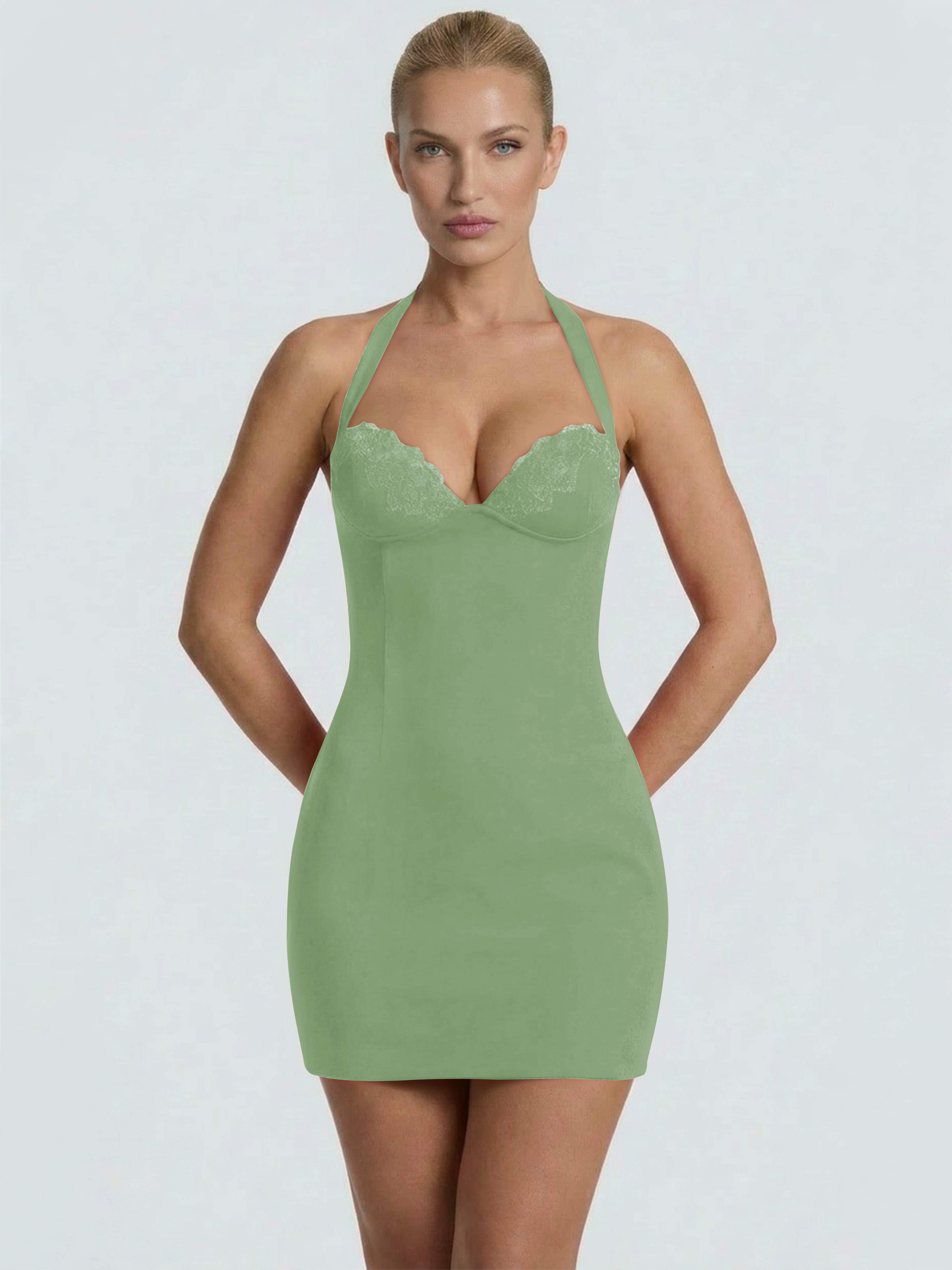 ROVDESY Halter Lace Satin Tight Homecoming Mini Dress