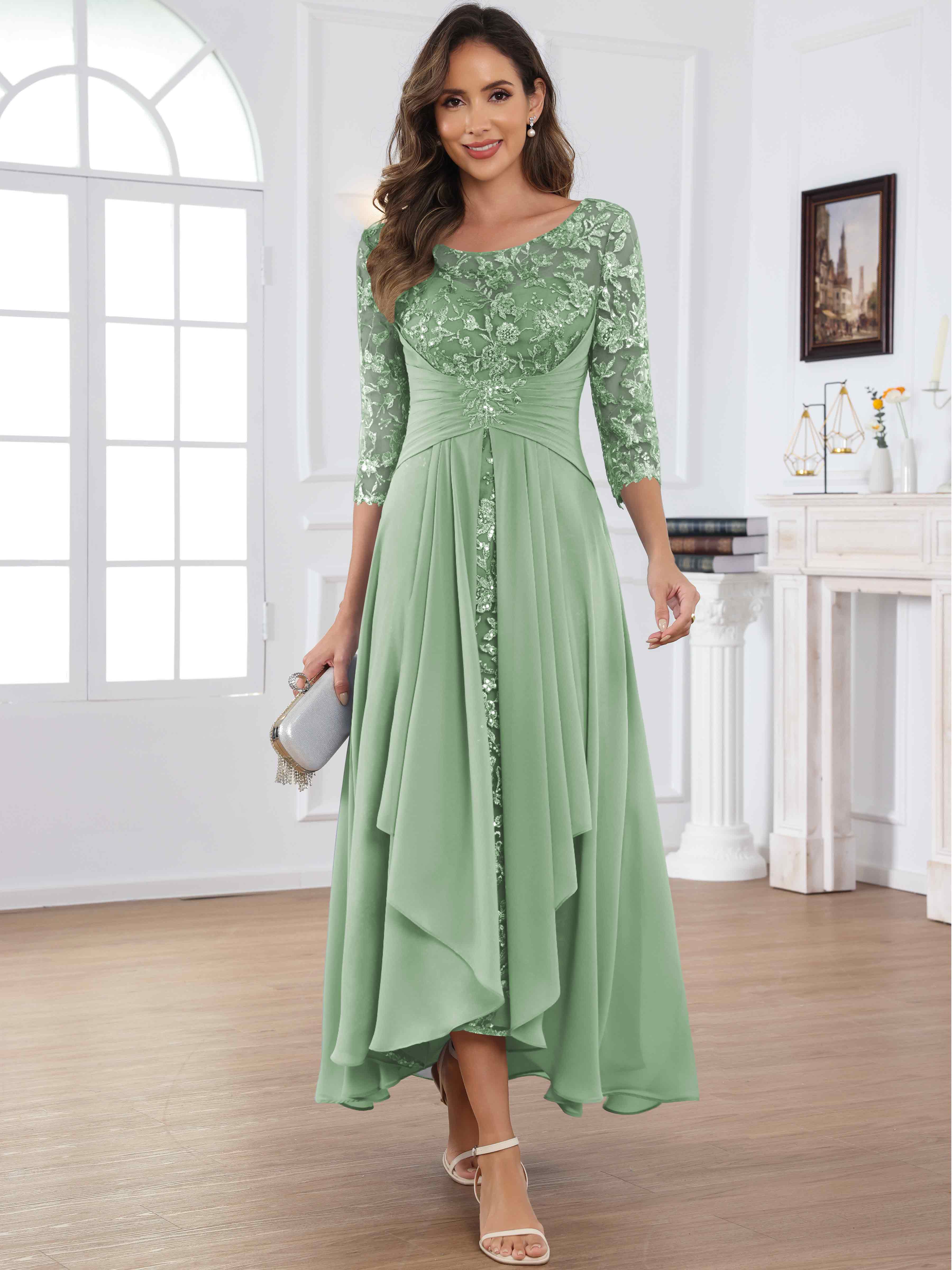 ROVDESY Tea Length Lace Chiffon Mother of The Bride Dress with 3/4 Sleeves