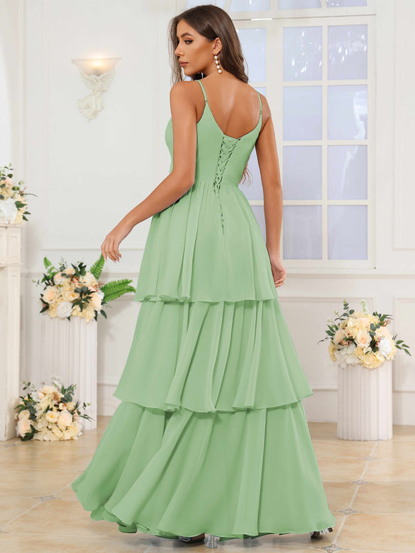 V-Neck Spaghetti Straps Tiered Chiffon Bridesmaid Dress With Ruffles
