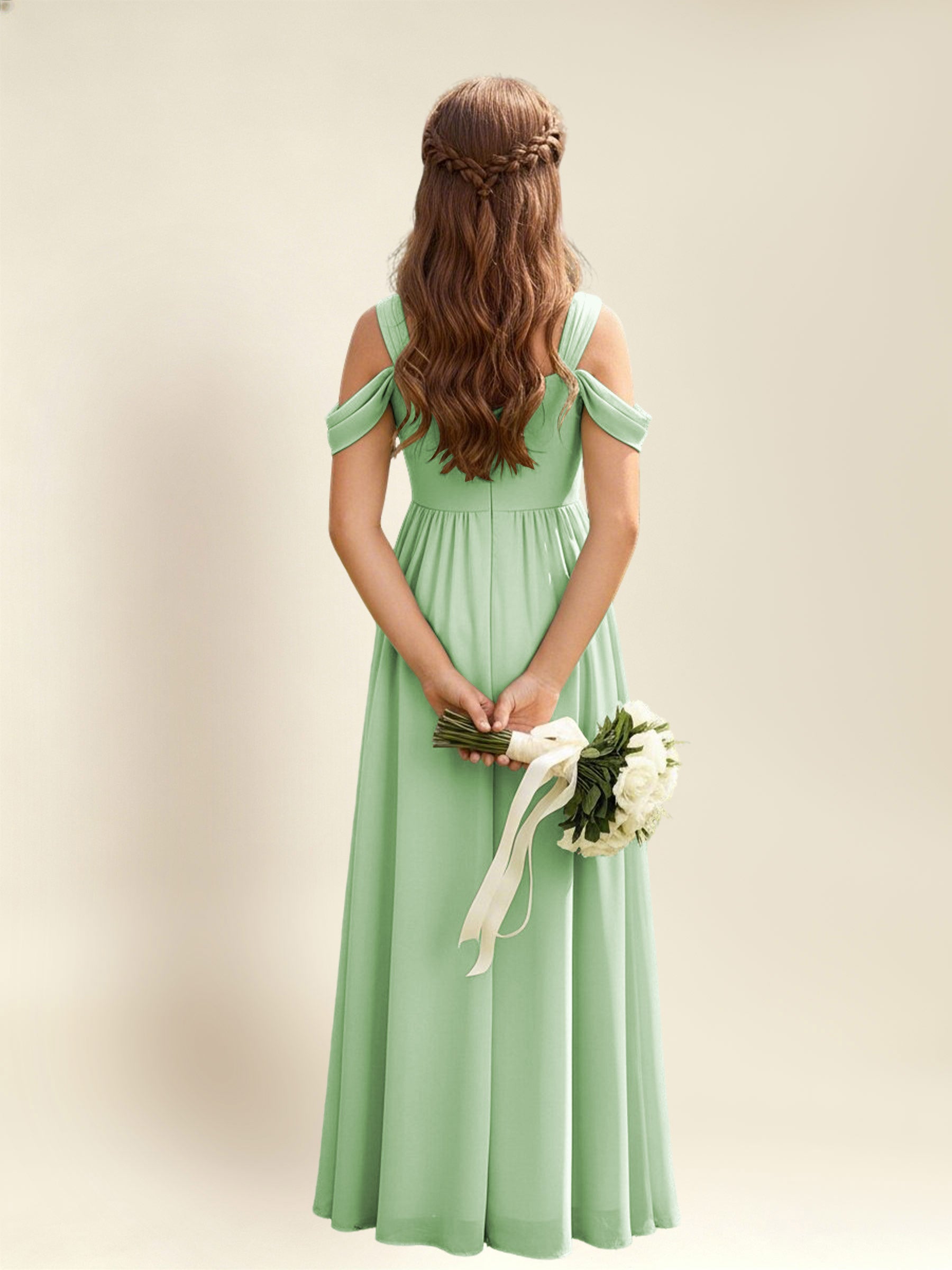ROVDESY A-Line Off The Shoulder Pleated Chiffon Junior Bridesmaid Dress