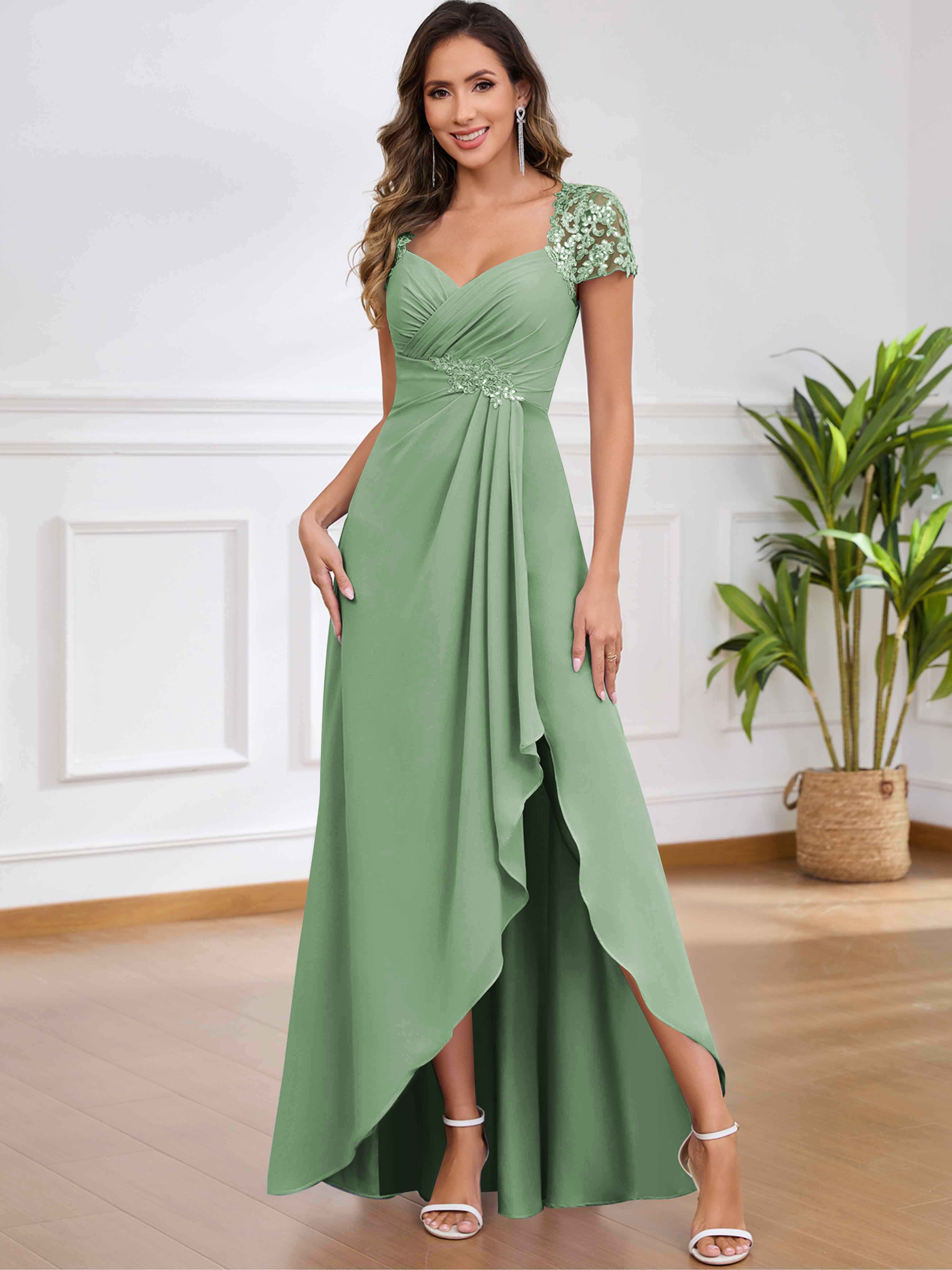 ROVDESY A-Line Pleated Lace Sequin Ruffle Chiffon Mother Of The Bride Dress With Slit