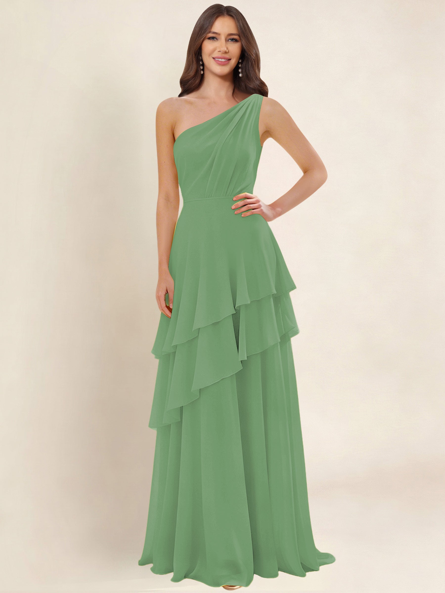 ROVDESY A-Line One Shoulder Pleated Tiered Chiffon Bridesmaid Dress