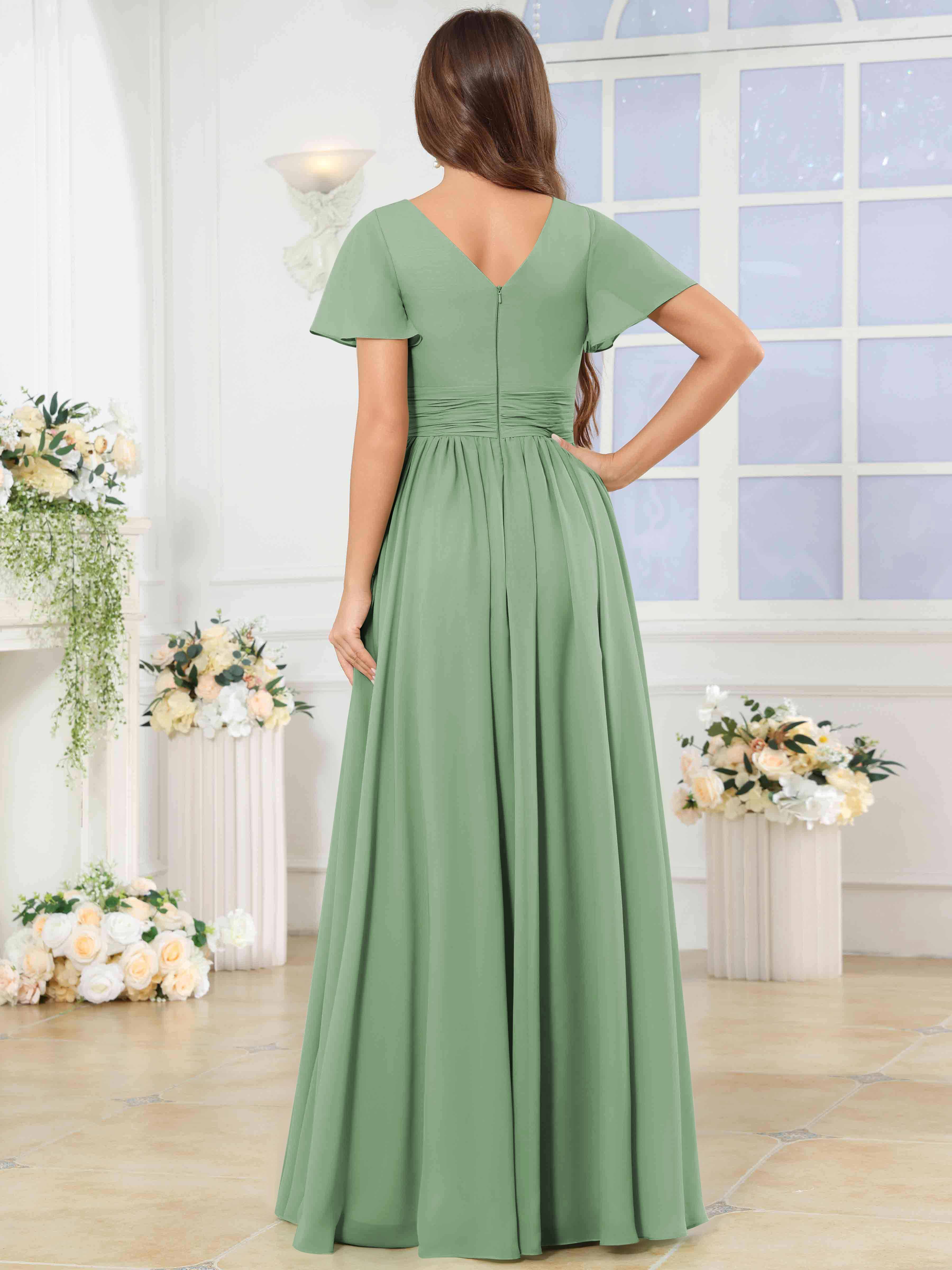 ROVDESY A-Line V-Neck Slit Pleated Ruffle Chiffon Bridesmaid Dress With Short Sleeves