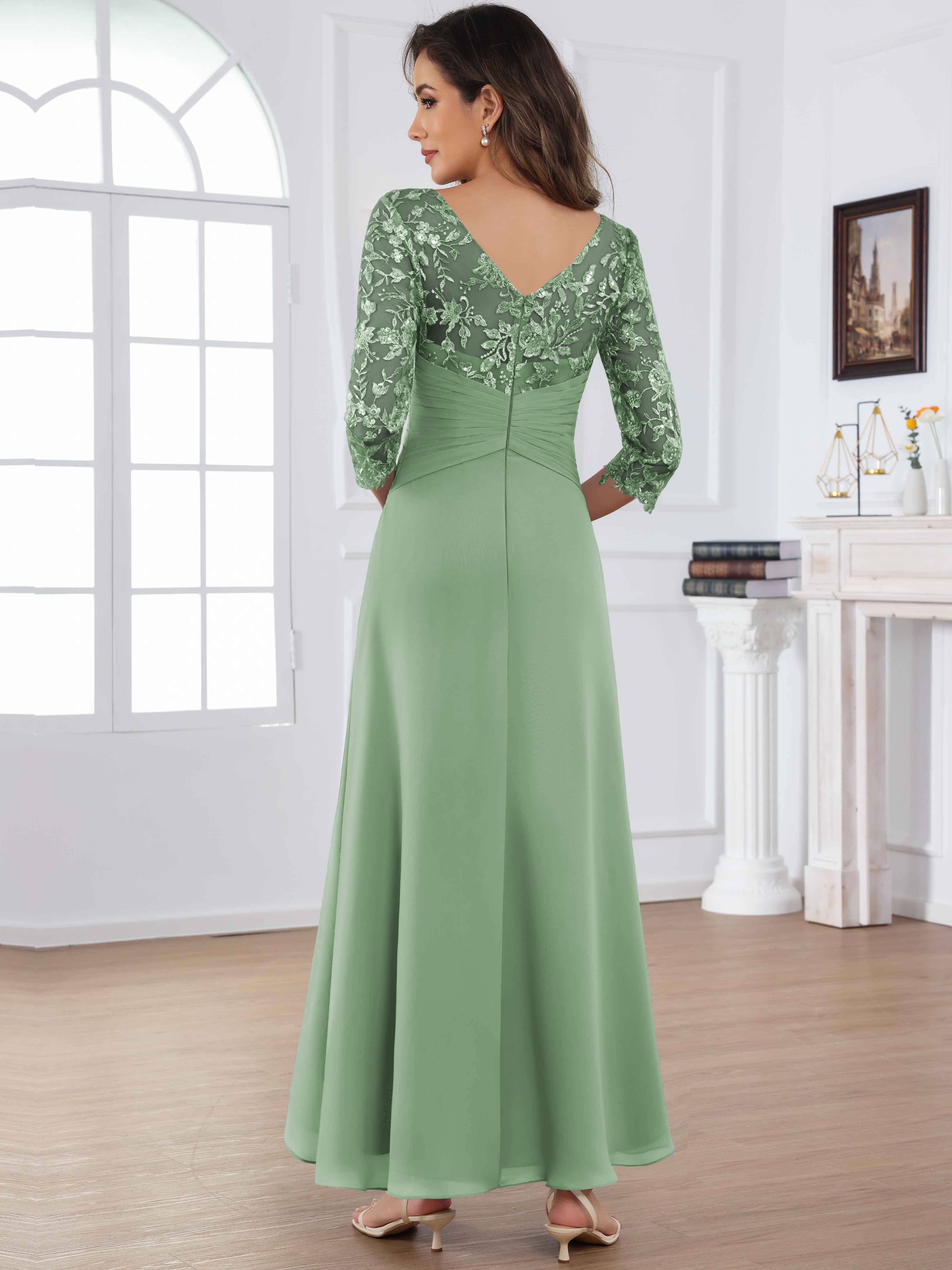 ROVDESY Tea Length Lace Chiffon Mother of The Bride Dress with 3/4 Sleeves