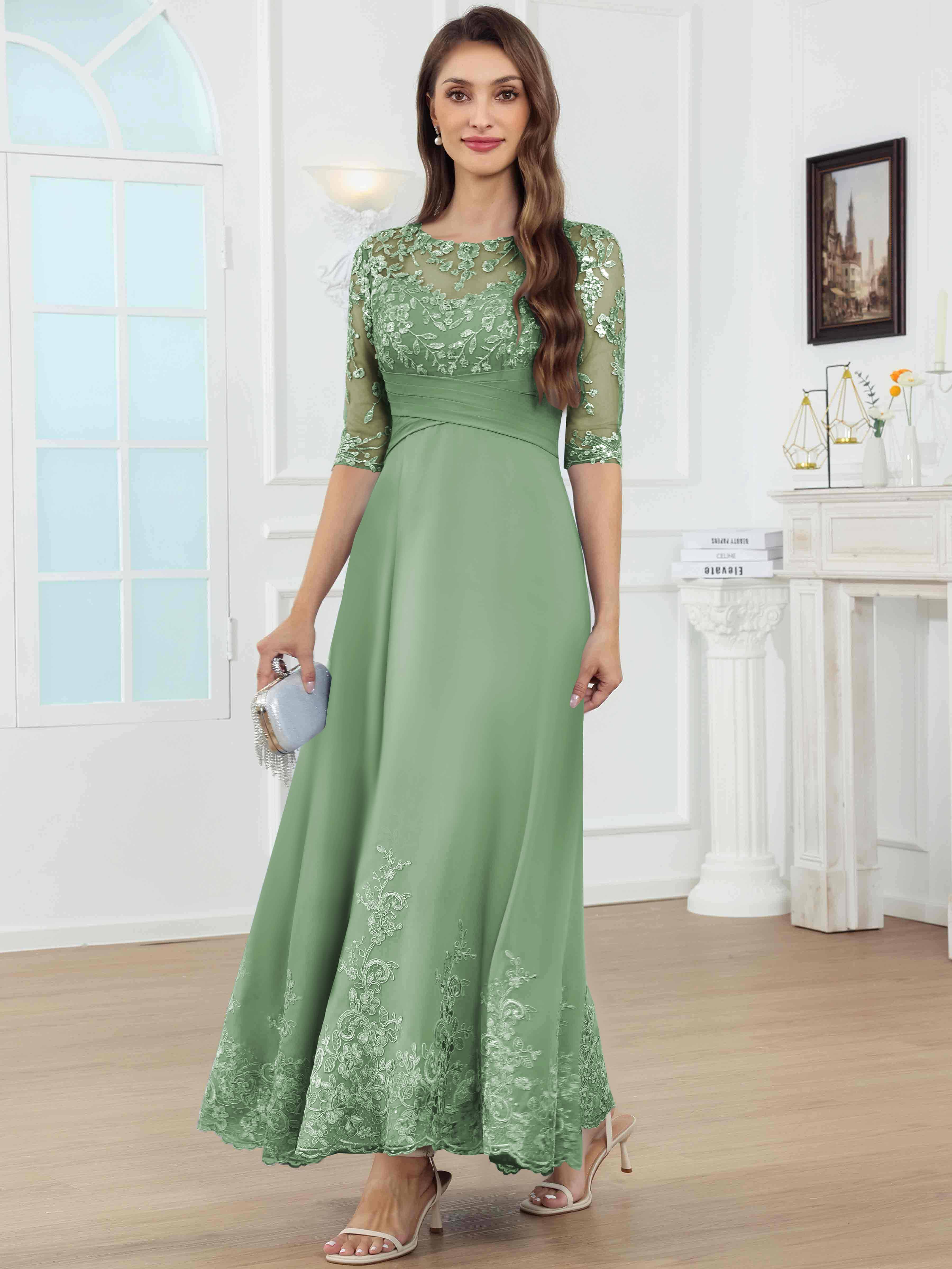 ROVDESY A-Line Lace Sequin Pleated Chiffon Mother Of The Bride Dress With Half Sleeves
