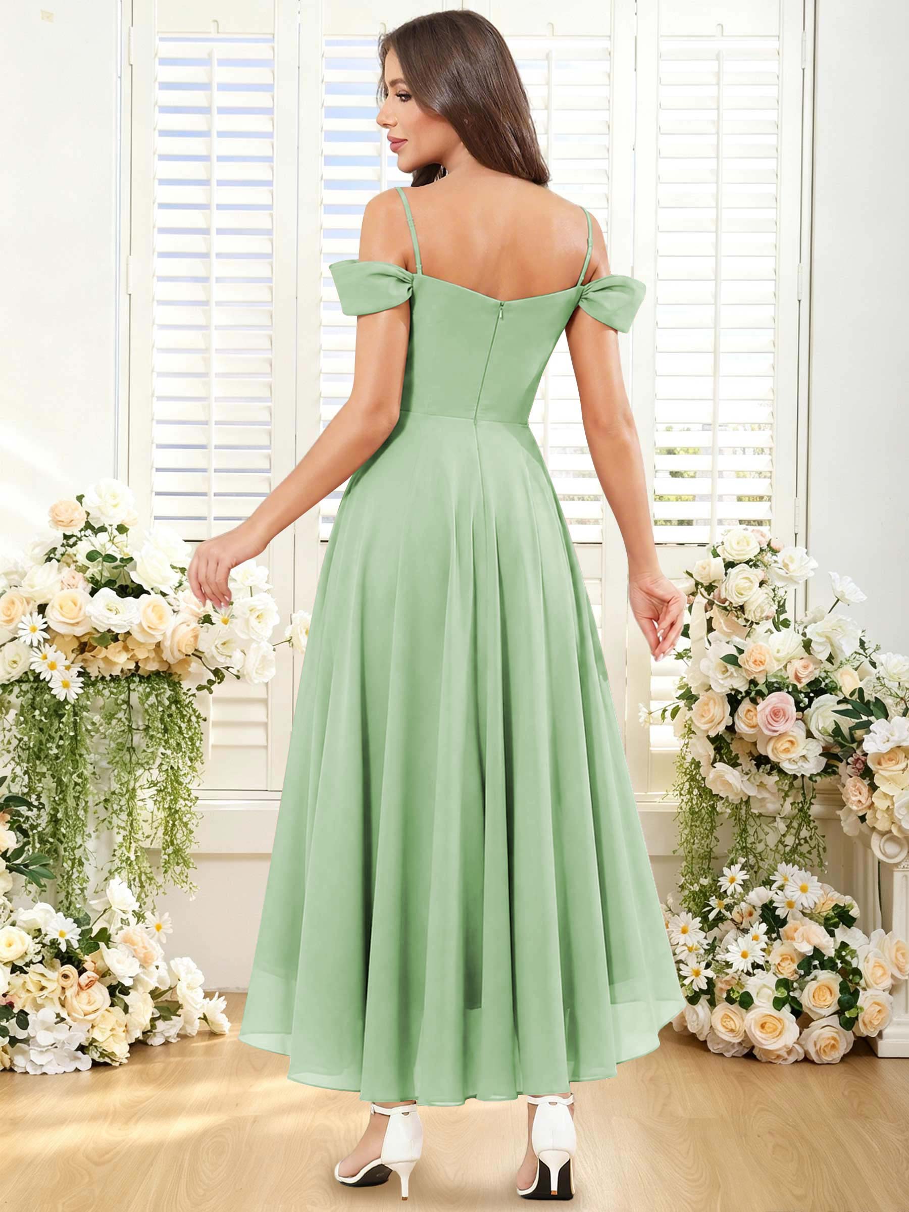 ROVDESY ROVDESY Short Cold Shoulder Sweetheart High Low Pleated Chiffon Bridesmaid Dress