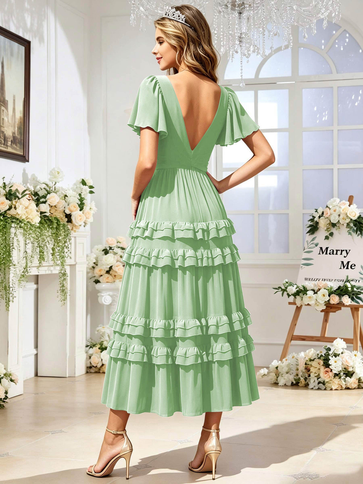 A Line Chiffon Pleated Bridesmaid Dress with Sleeves