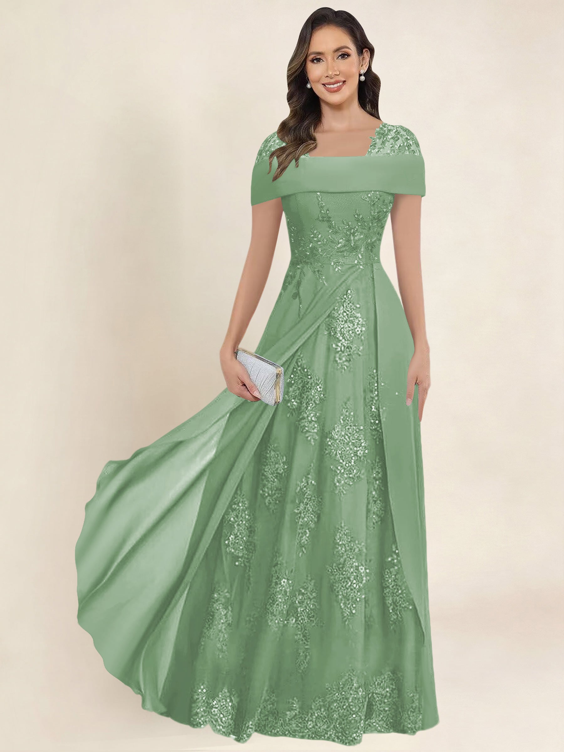 ROVDESY A-Line Off The Shoulder Lace Chiffon Long Mother of the Bride Dress Formal Gown