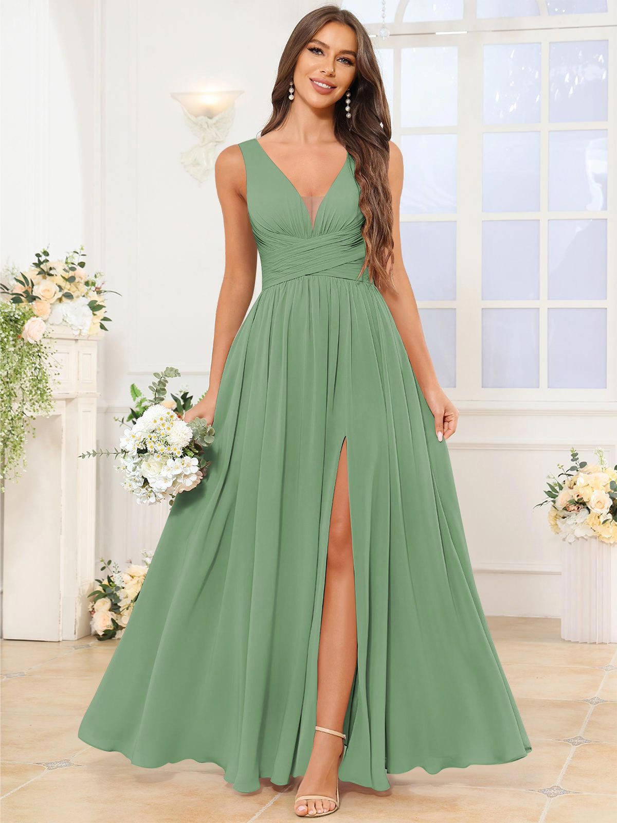V Neck Chiffon A Line Bridesmaid Dress with Slit