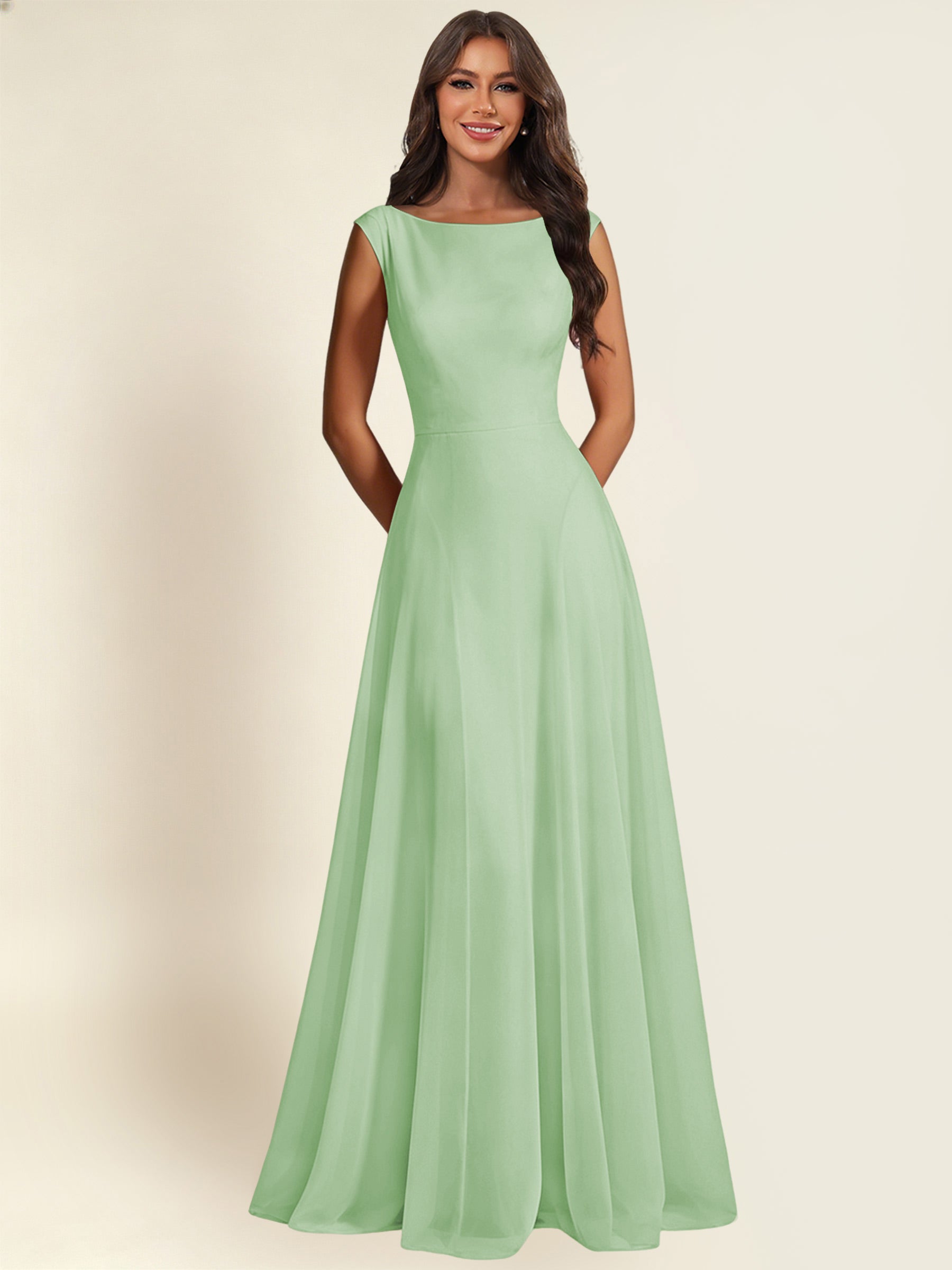 ROVDESY A-Line Chiffon Long Bridesmaid Dress With Sleeveless