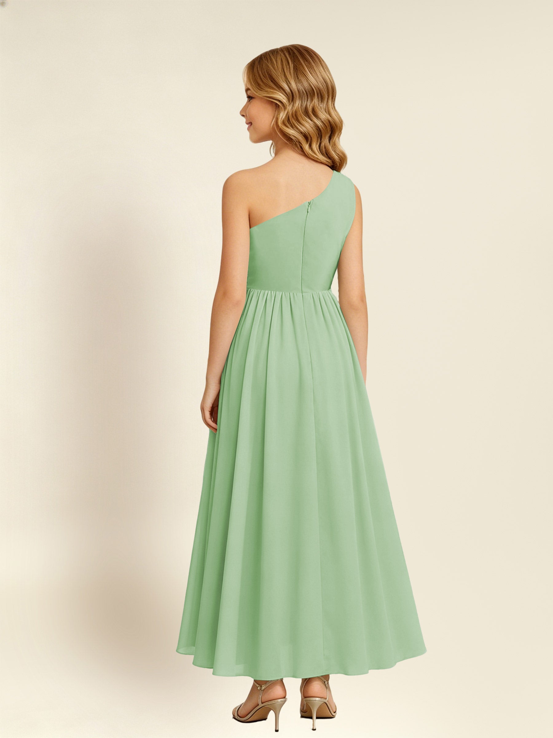 ROVDESY One Shoulder Twist Waist Chiffon Junior Bridesmaid Maxi Dress