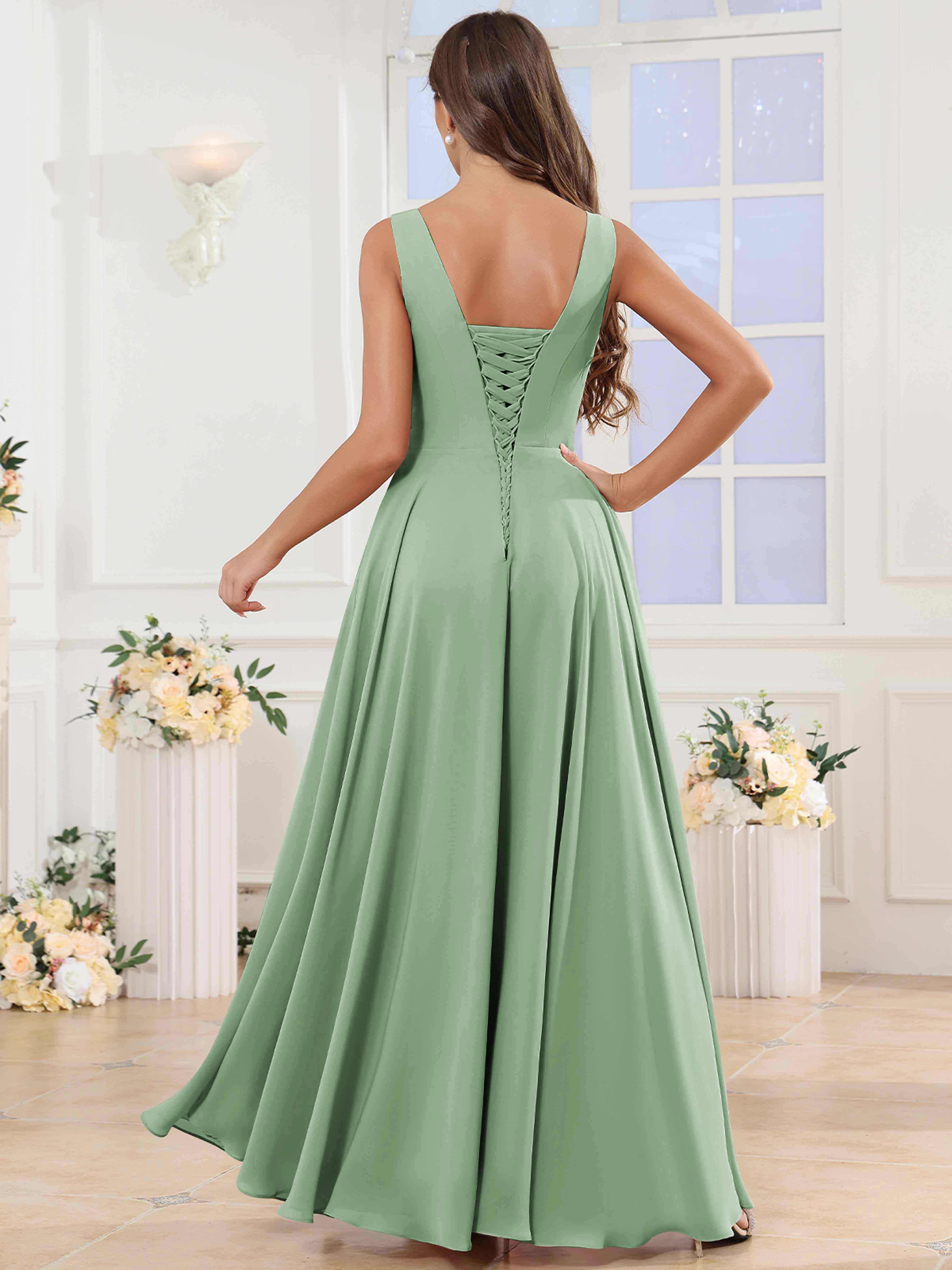 ROVDESY V-Neck Pleated Sleeveless Ruffle Chiffon Bridesmaid Dress With Slit