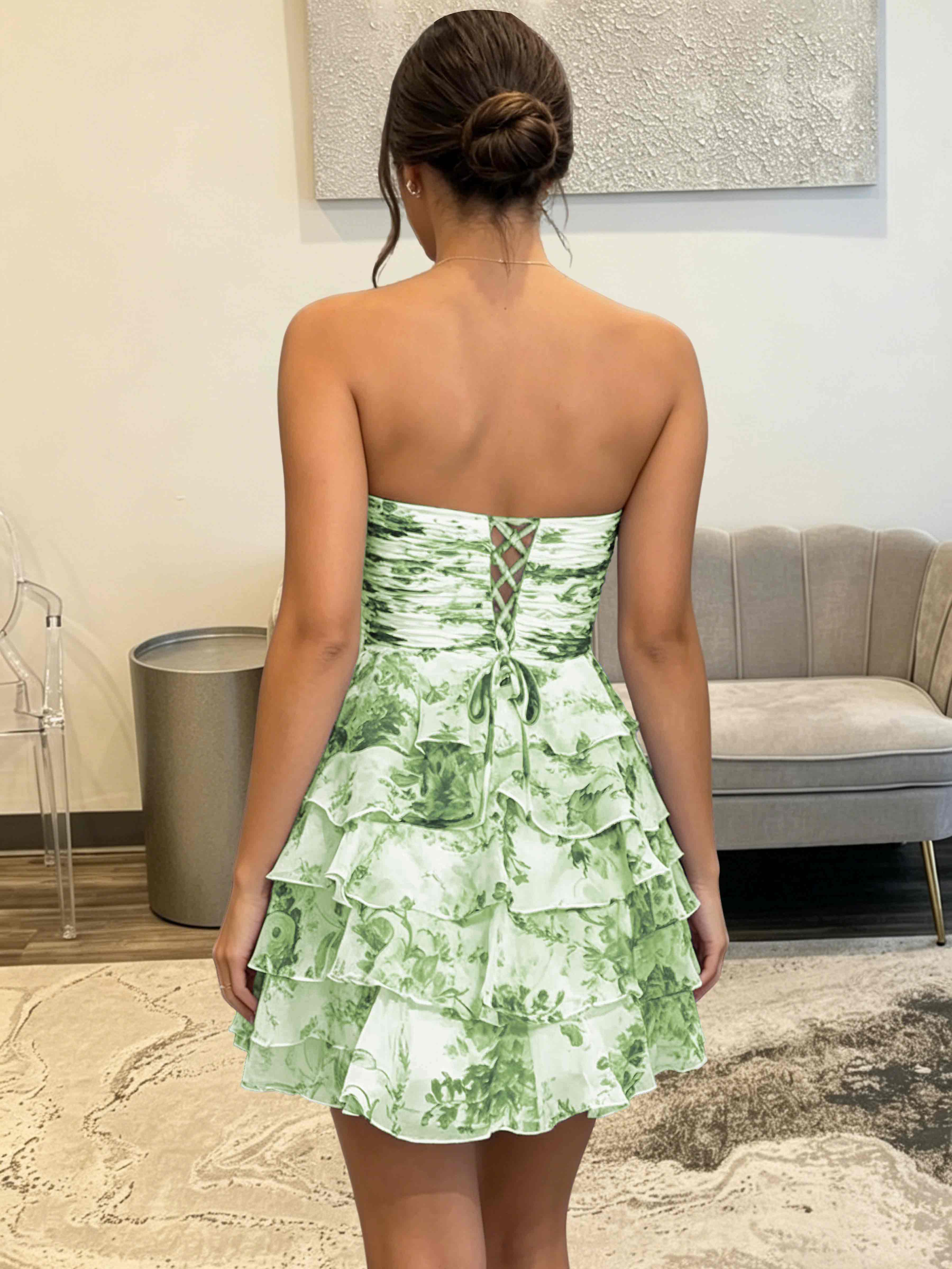 ROVDESY Strapless Tiered Ruffle Floral Print Chiffon Homecoming Mini Dress