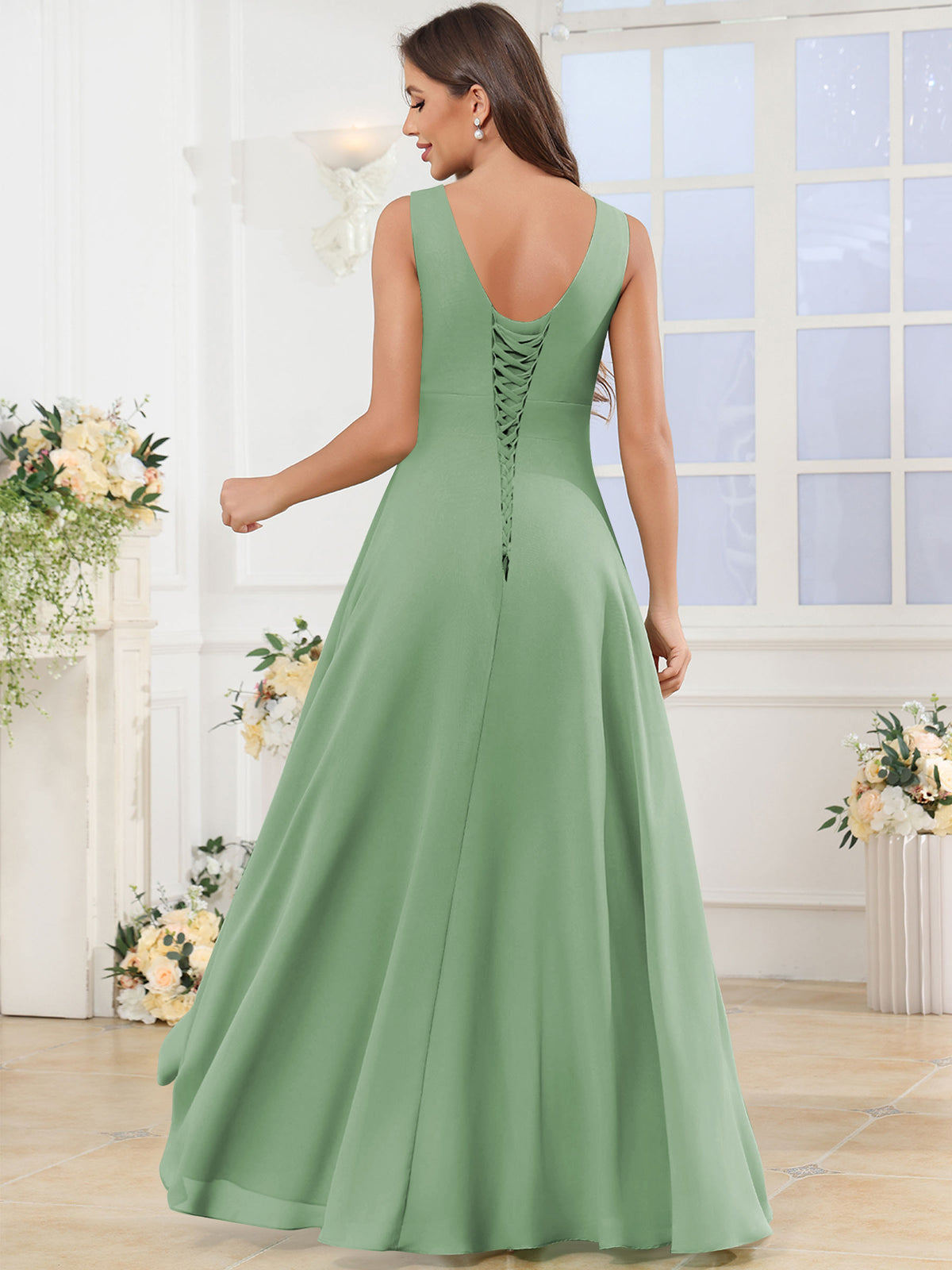 V Neck Chiffon A Line Ruffle Bridesmaid Dress with Slit