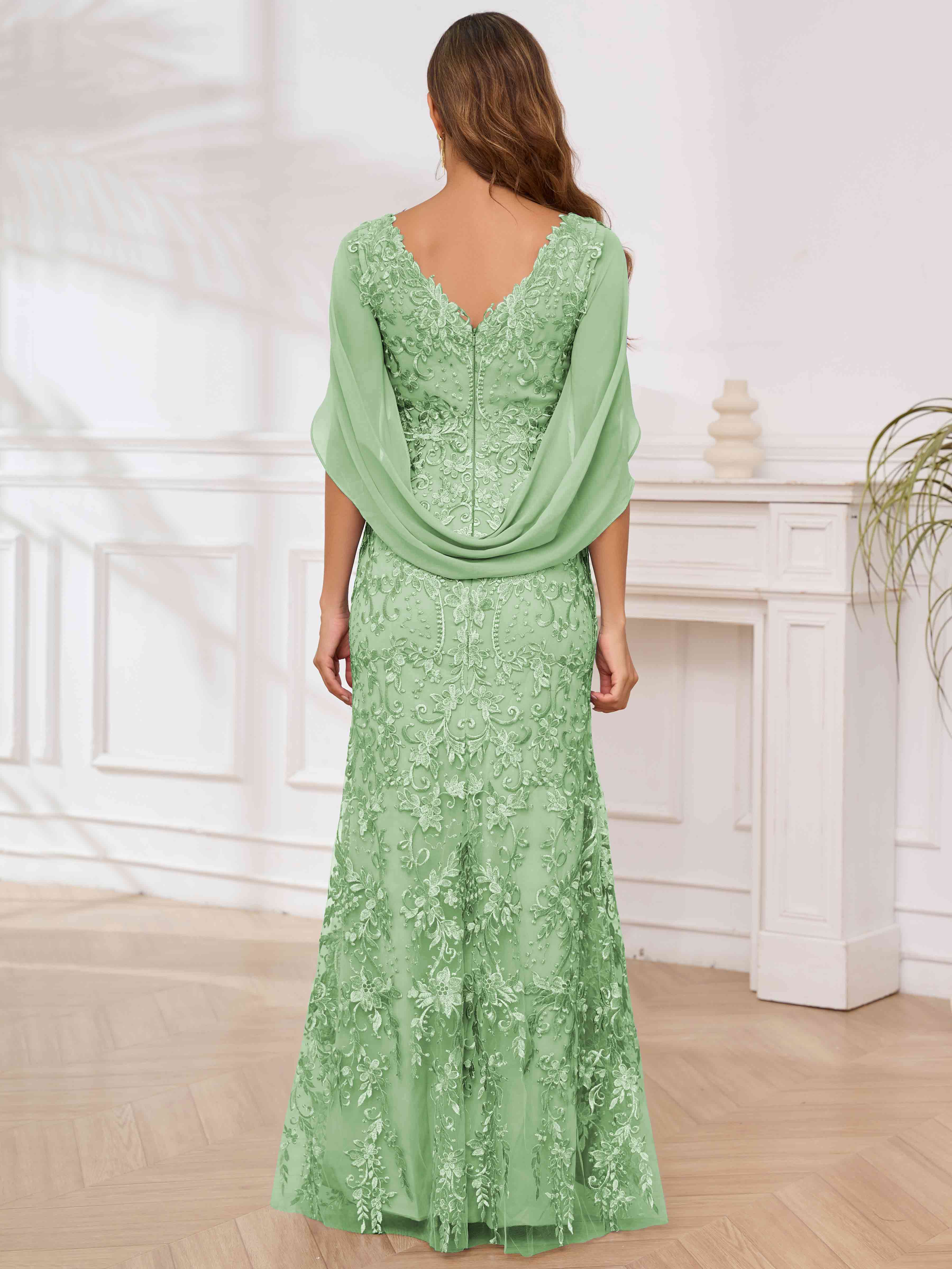 ROVDESY V-Neck Lace Mermaid Mother Of The Bride Dress With Cape Sleeves Long Formal Gown