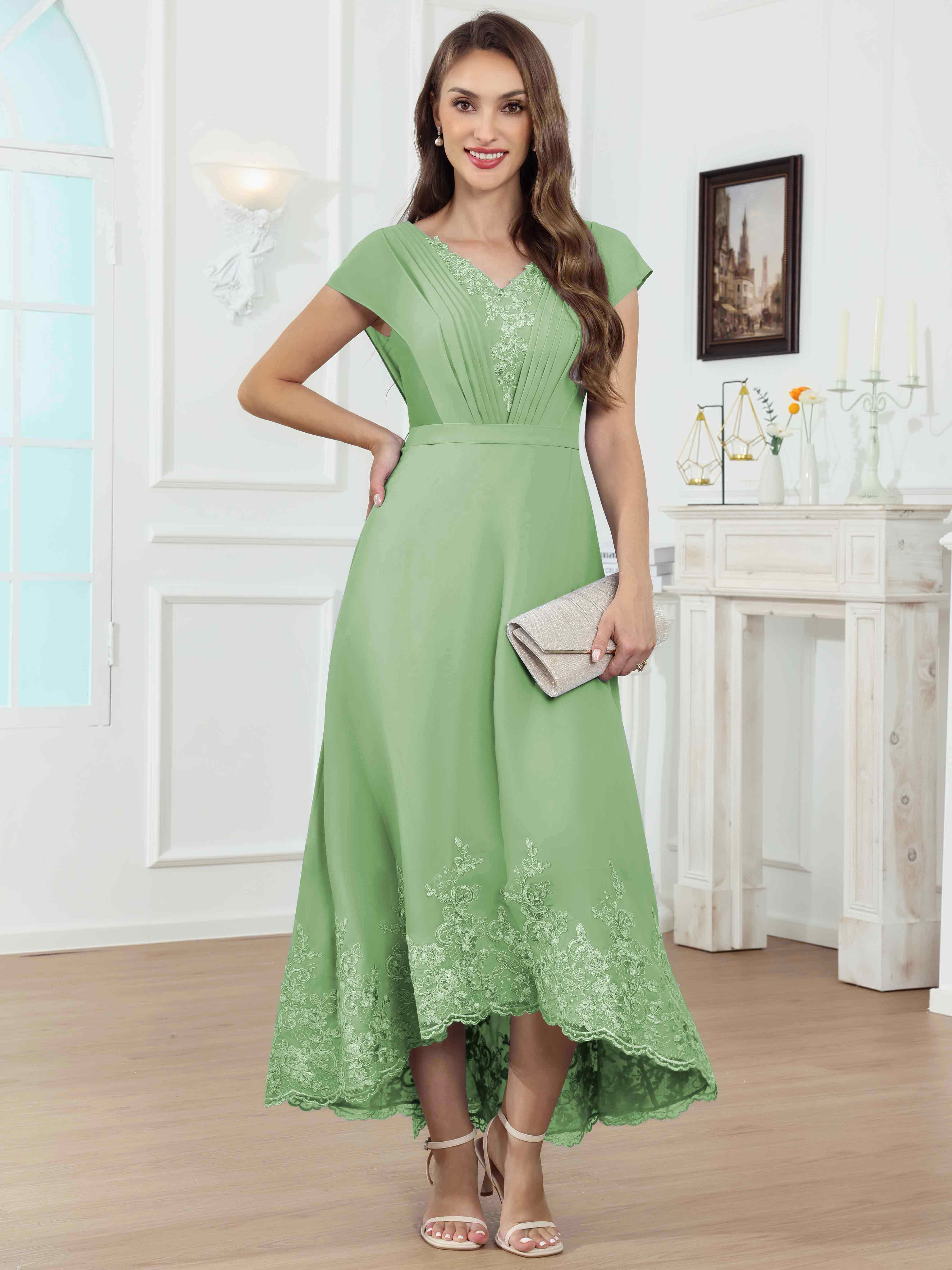 ROVDESY Tea Length High-Low V-Neck Ruched Lace Chiffon Mother of The Bride Dress for Women