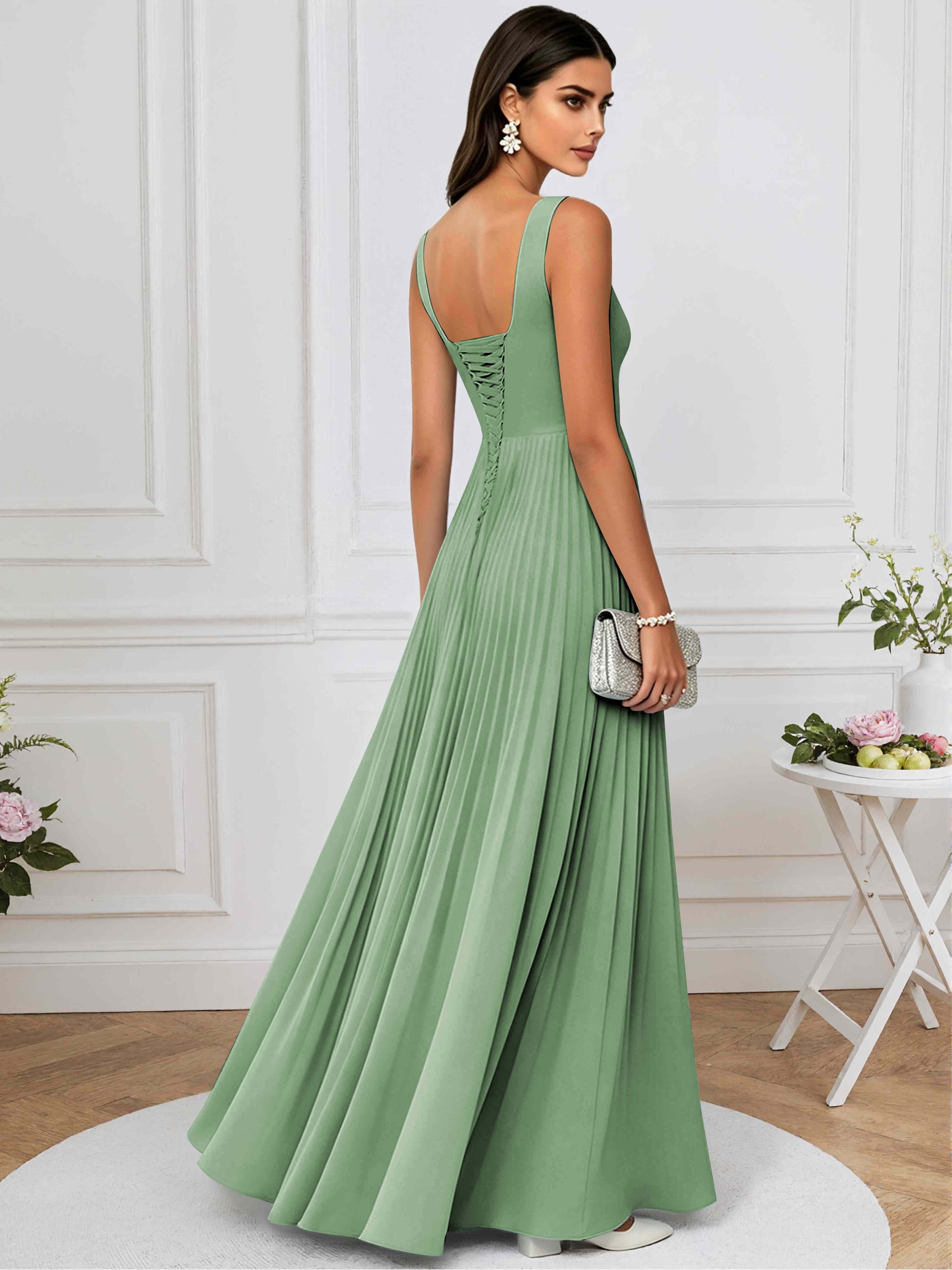 ROVDESY A-Line Square Neck Pleated Chiffon Long Bridesmaid/Prom Dress