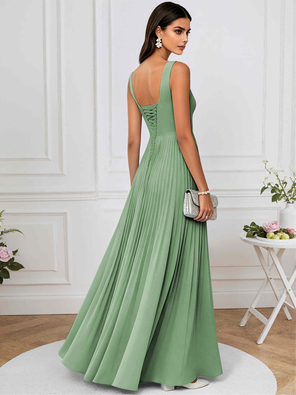 A-Line Square Neck Pleated Chiffon Long Bridesmaid/Prom Dress