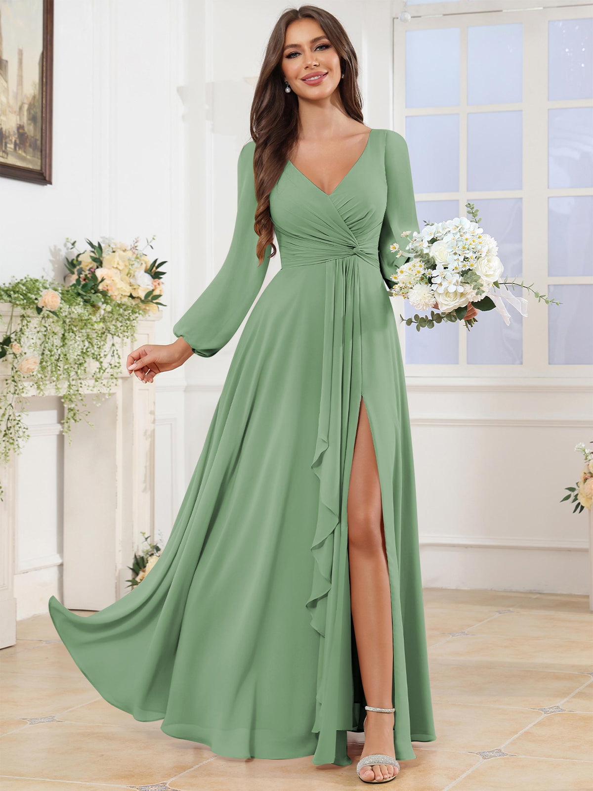 V Neck Chiffon Long Sleeve Bridesmaid Dresses with Slit