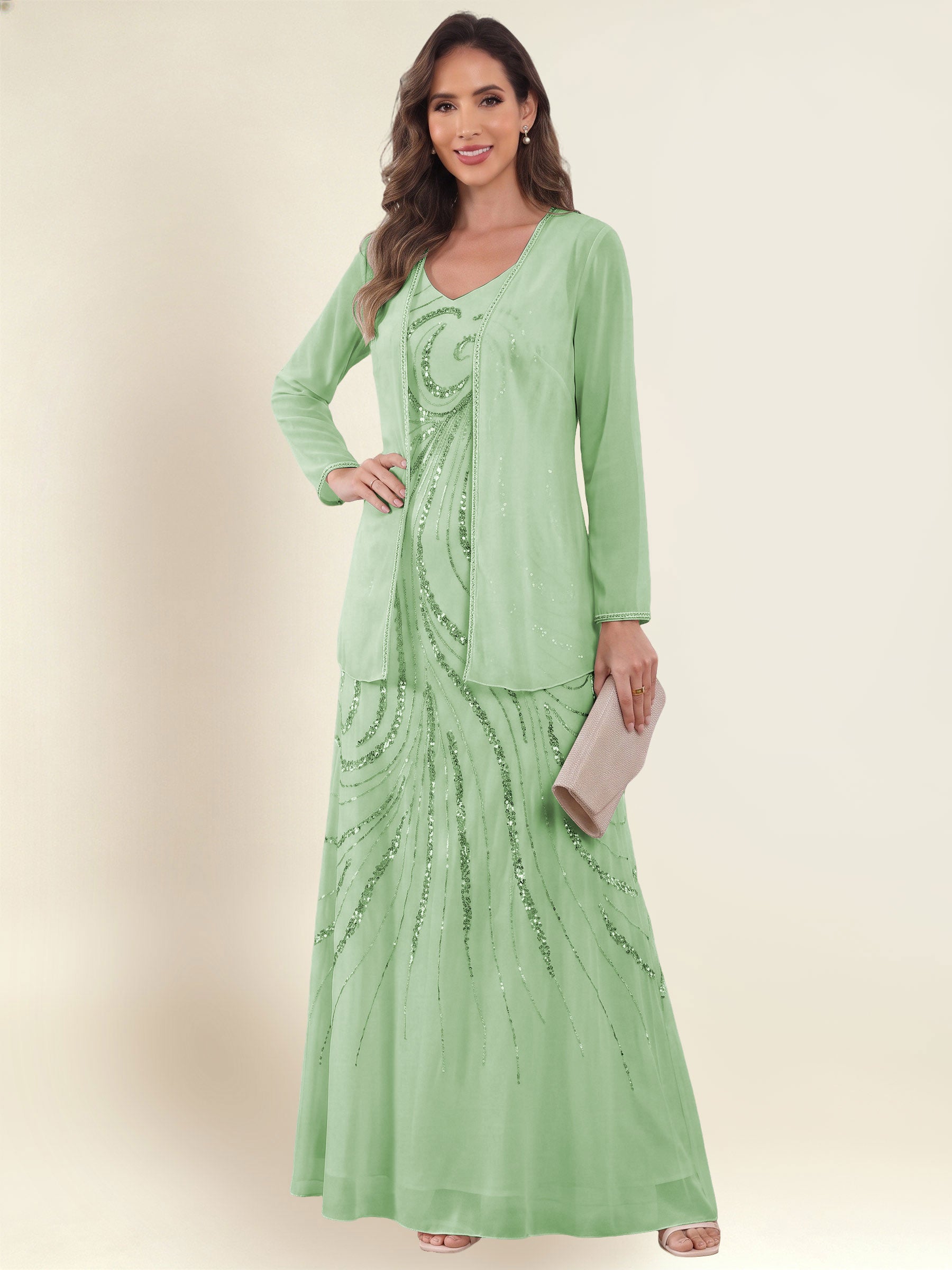 ROVDESY 2 Pieces V-Neck Sequin Chiffon Long Mother Of The Bride Dress With Long Sleeve Jacket