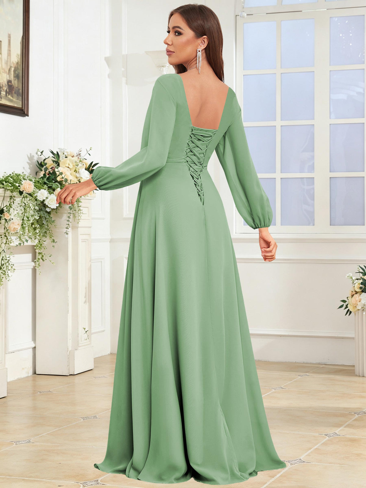V Neck Chiffon Long Sleeve Bridesmaid Dresses with Slit