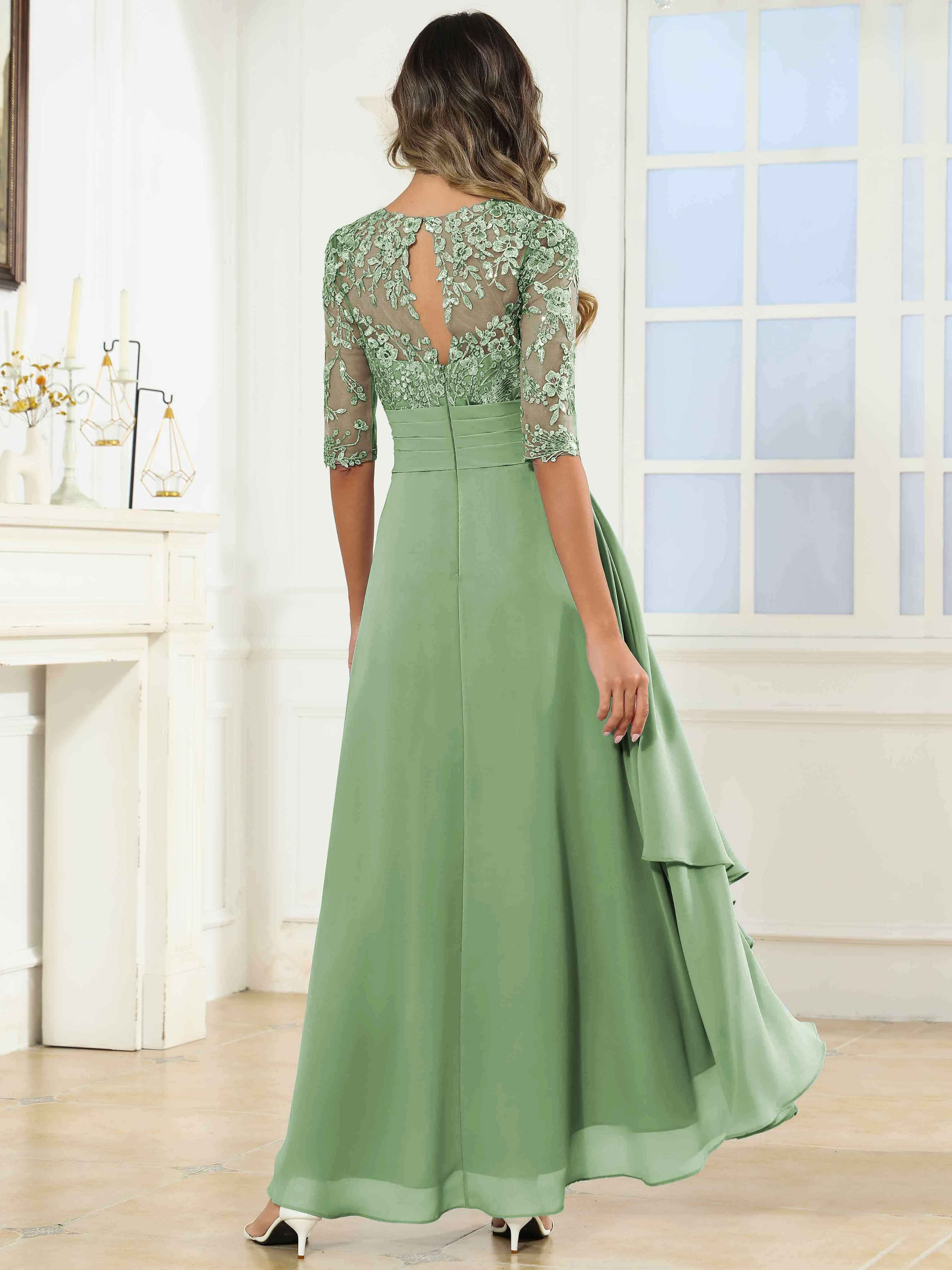 ROVDESY Tea Length A-Line Lace Chiffon Mother Of The Bride Dress With Half Sleeves