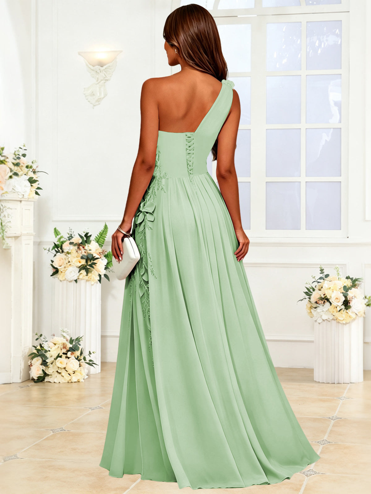 One Shoulder 3D Flower Chiffon Bridesmaid Dress with Slit