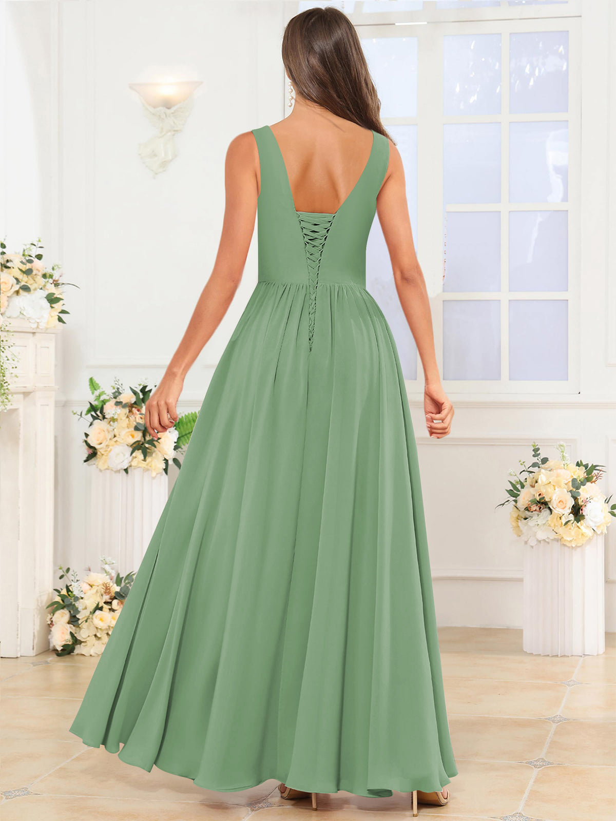 V Neck Chiffon A Line Bridesmaid Dress with Slit