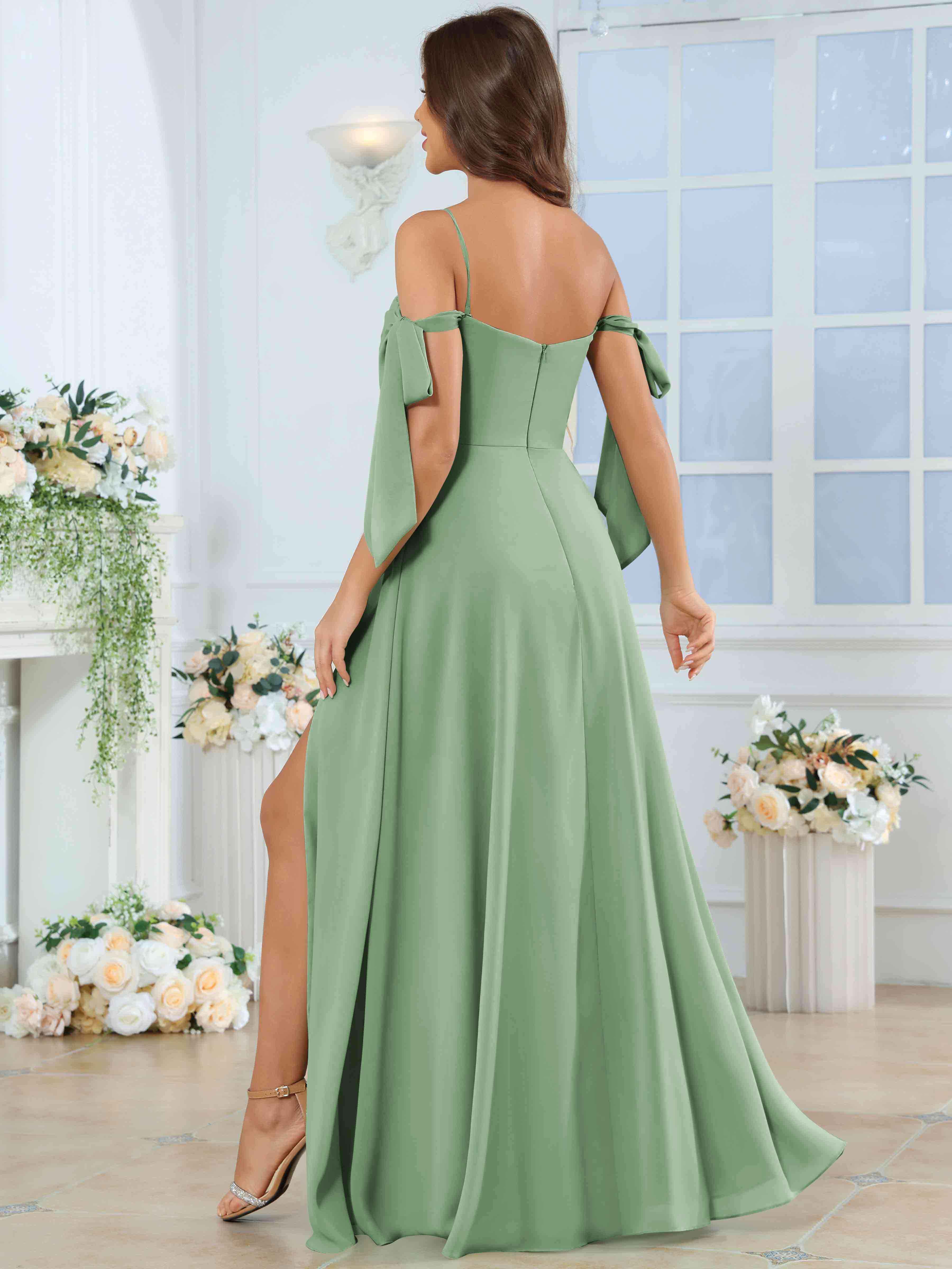 ROVDESY Spaghetti Strap Pleated Ruffle Slit Chiffon Bridesmaid Dress With Bow Sleeves