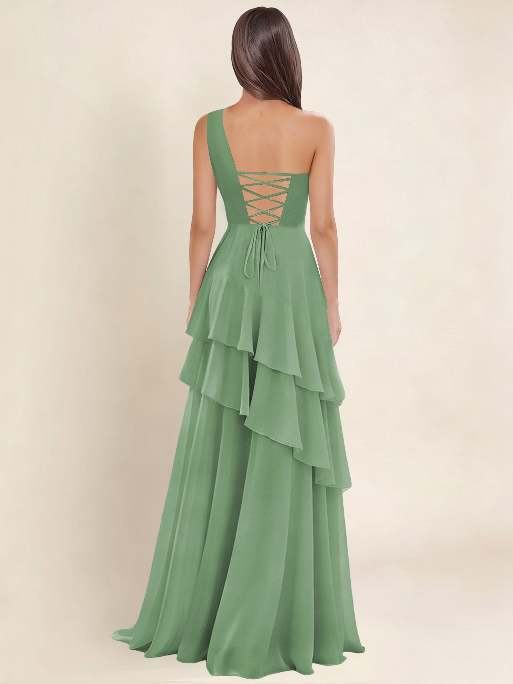 ROVDESY A-Line One Shoulder Pleated Tiered Chiffon Bridesmaid Dress