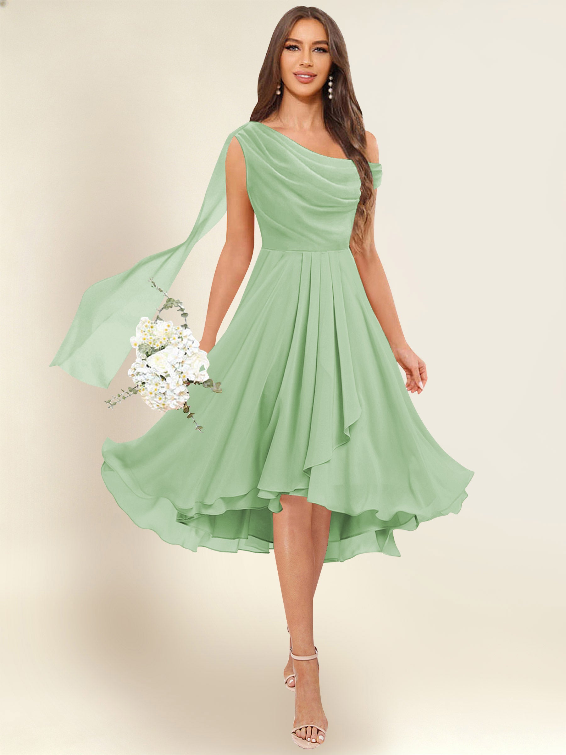 ROVDESY A-Line One Shoulder Pleated Chiffon Bridesmaid Dress With Flowing Sash