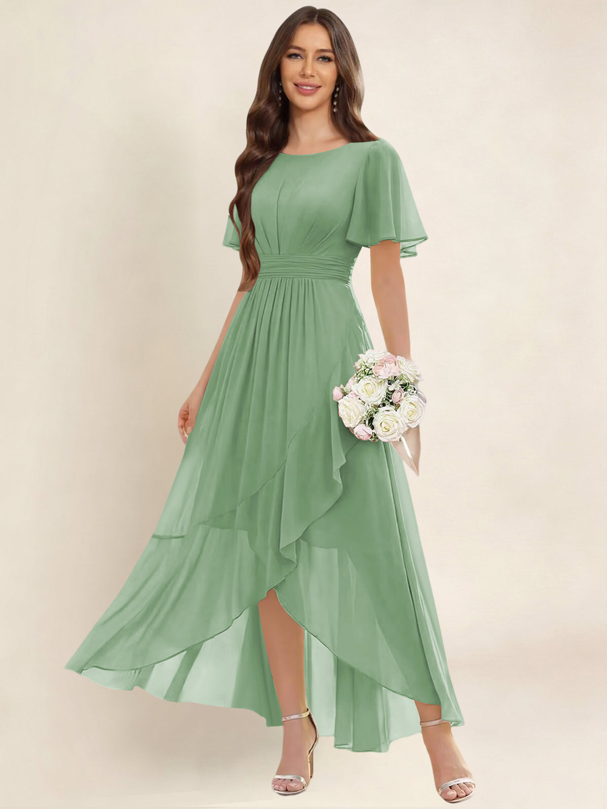 ROVDESY A-Line High Low Round Neck Pleated Ruffle Chiffon Bridesmaid Dress With Short Sleeves