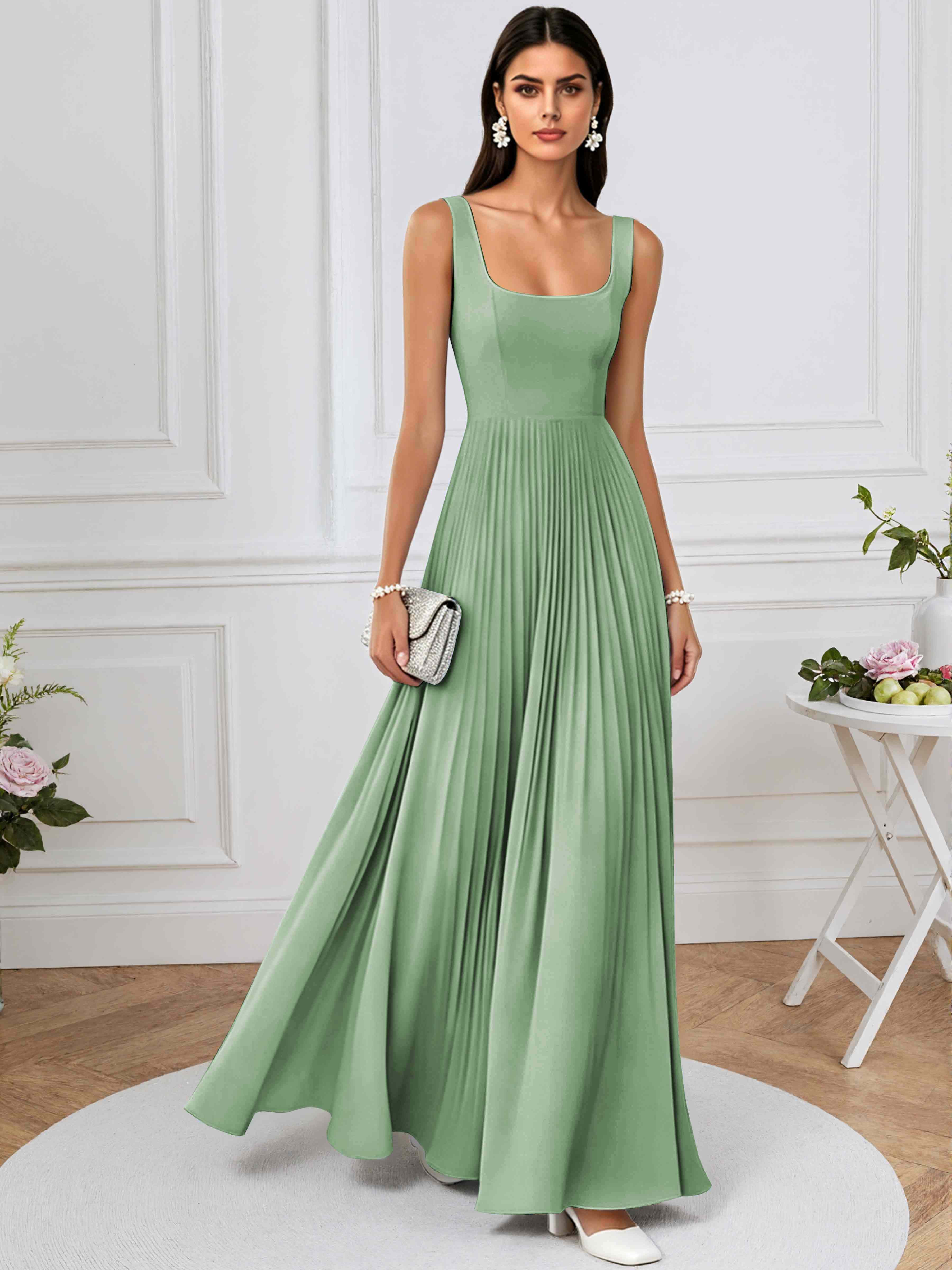 ROVDESY A-Line Square Neck Pleated Chiffon Long Bridesmaid/Prom Dress