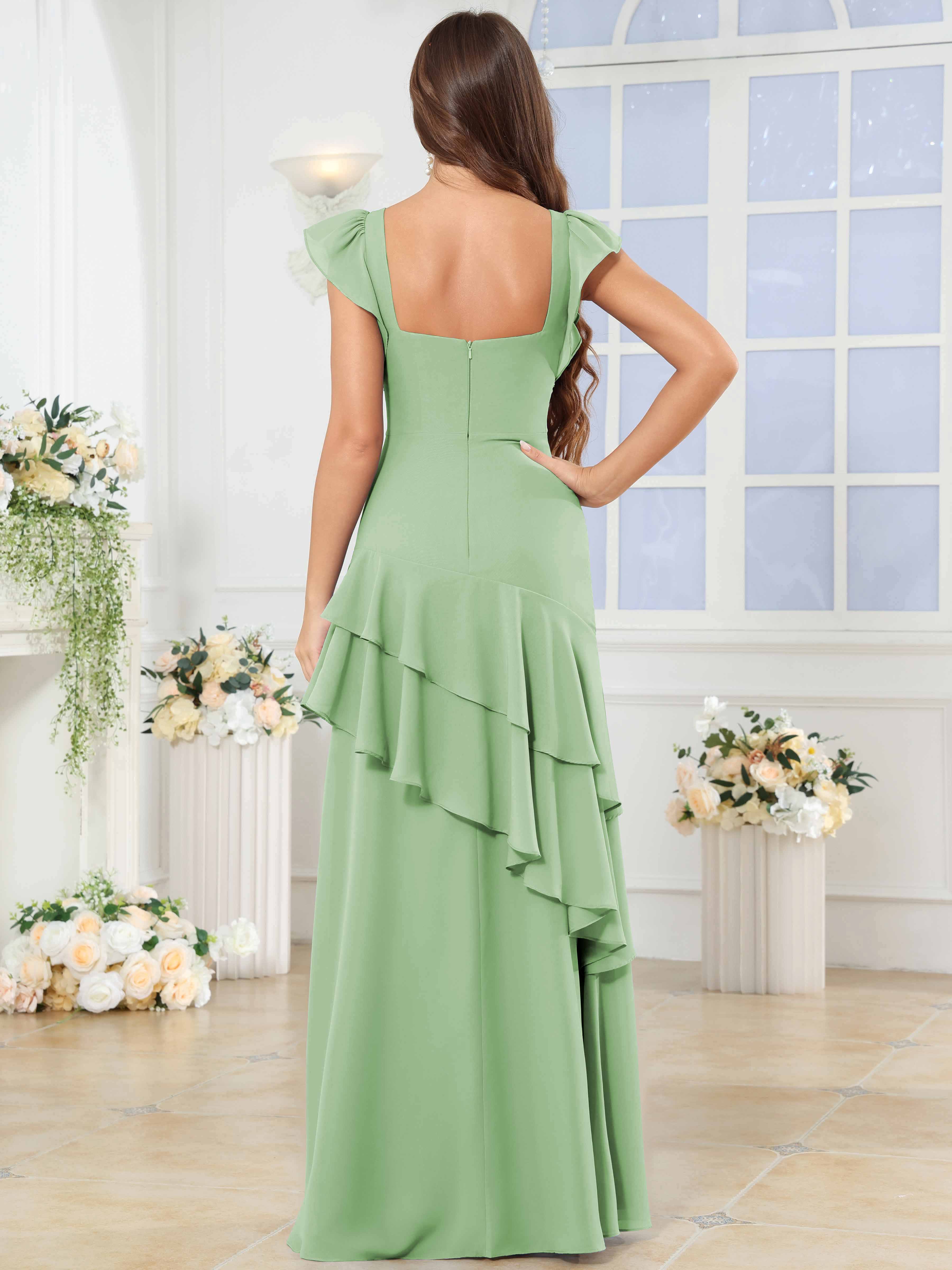 ROVDESY Sweetheart Tiered Ruffle Chiffon Bridesmaid Dress With Short Sleeves