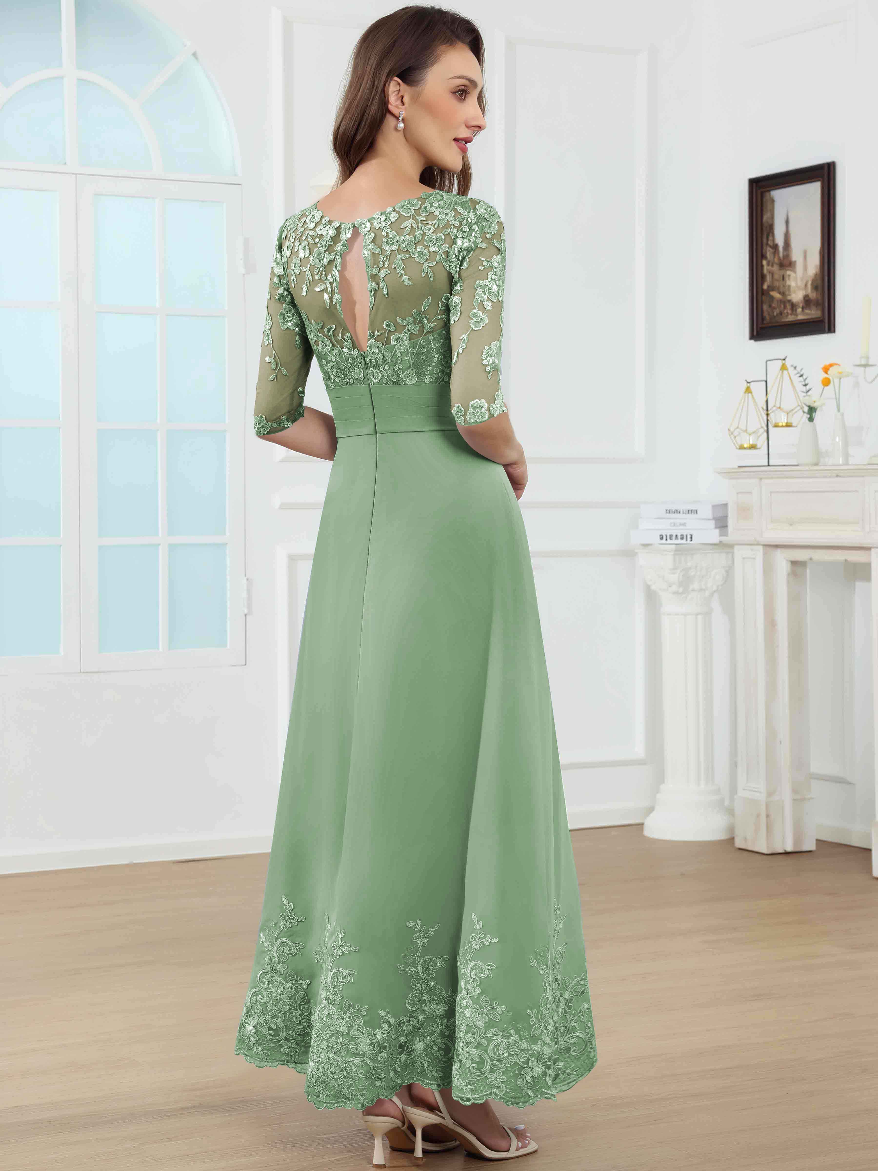 ROVDESY A-Line Lace Sequin Pleated Chiffon Mother Of The Bride Dress With Half Sleeves