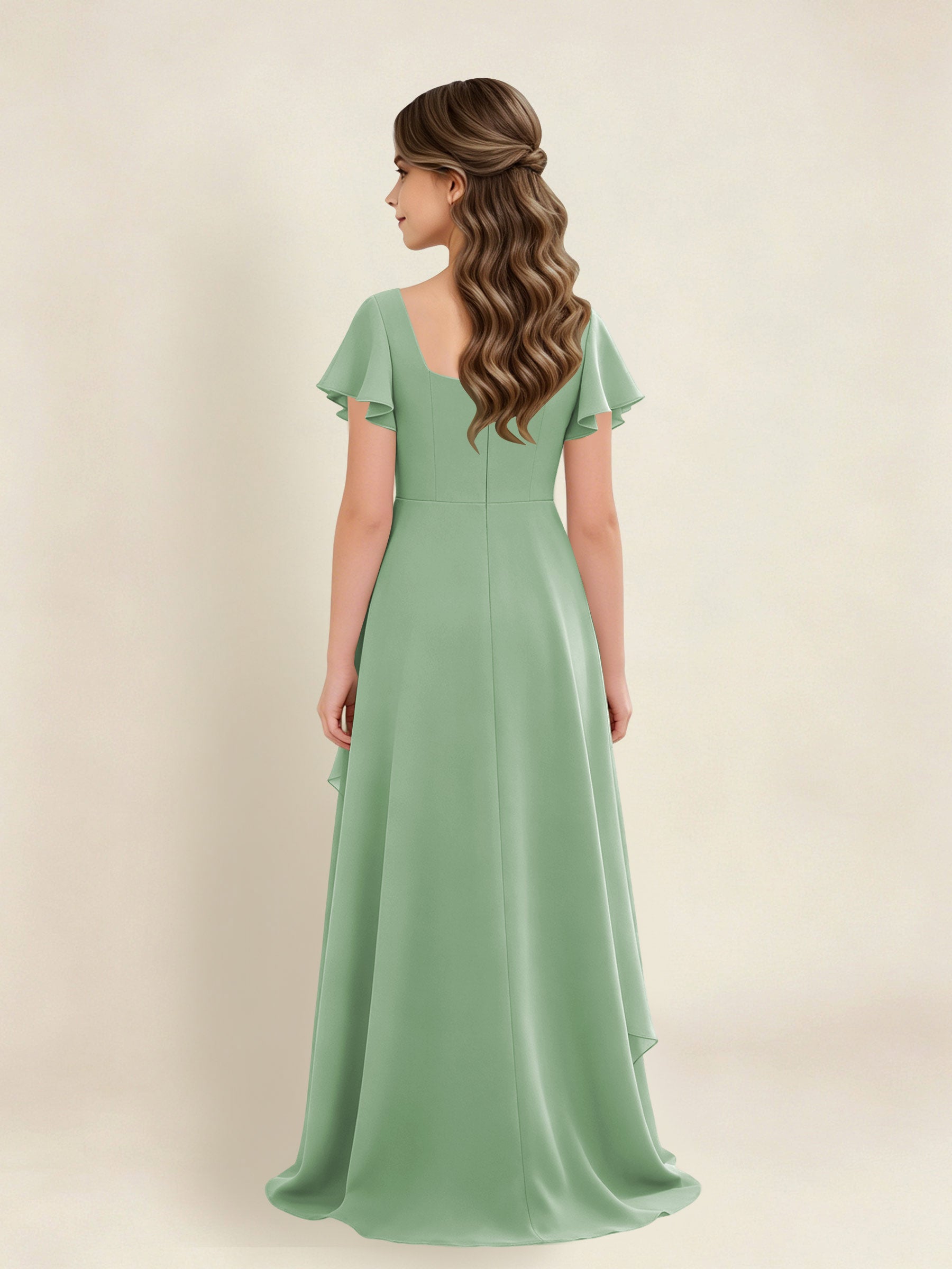 ROVDESY A-Line Square Neck Ruffle Chiffon Junior Bridesmaid Dress With Short Sleeves