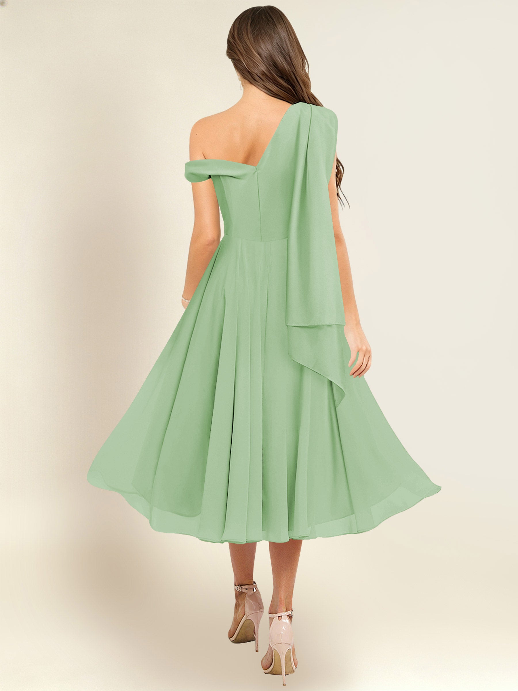 ROVDESY A-Line One Shoulder Pleated Chiffon Bridesmaid Dress With Flowing Sash